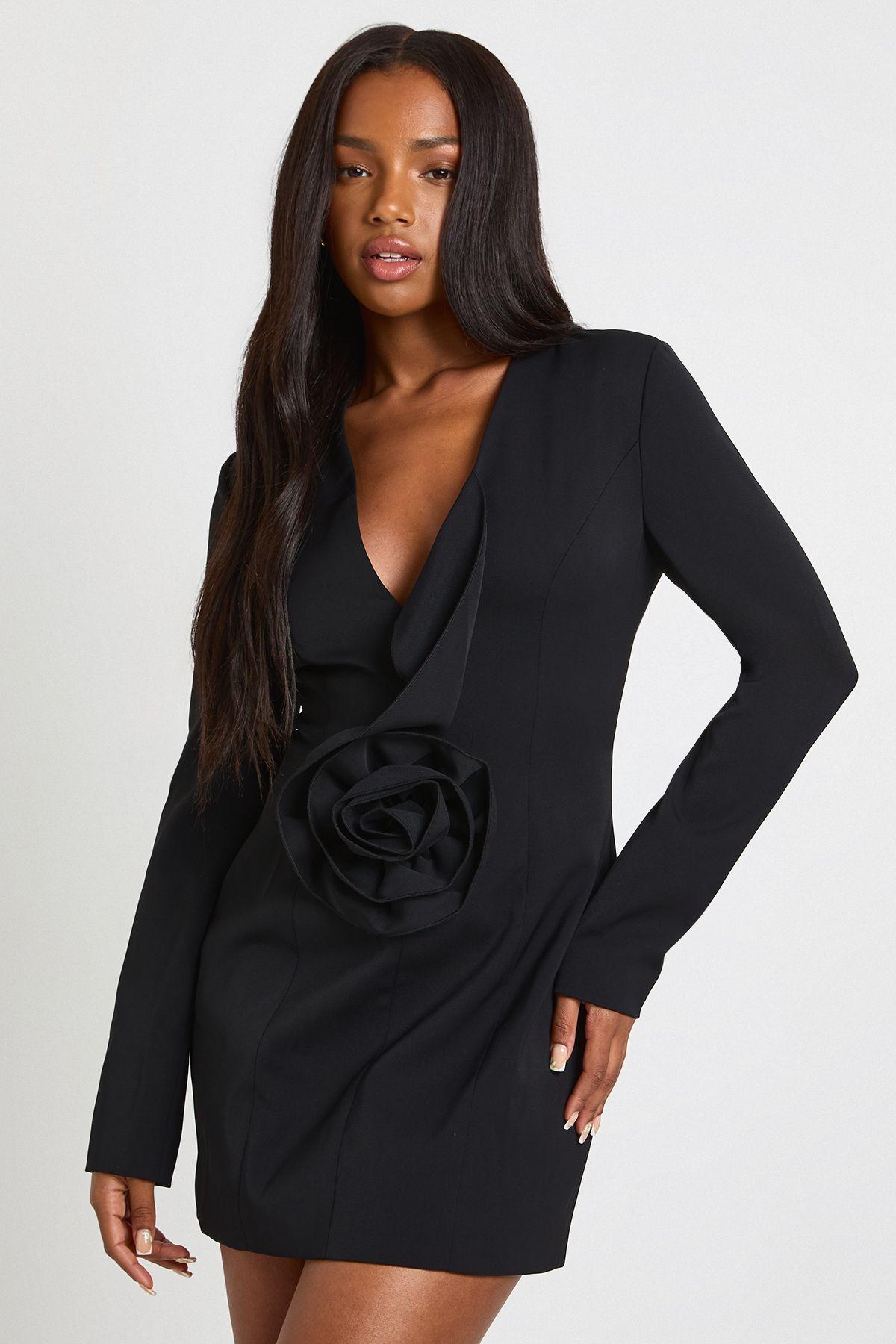 Corsage Detail Plunge Tailored Blazer Dress by BOOHOO
