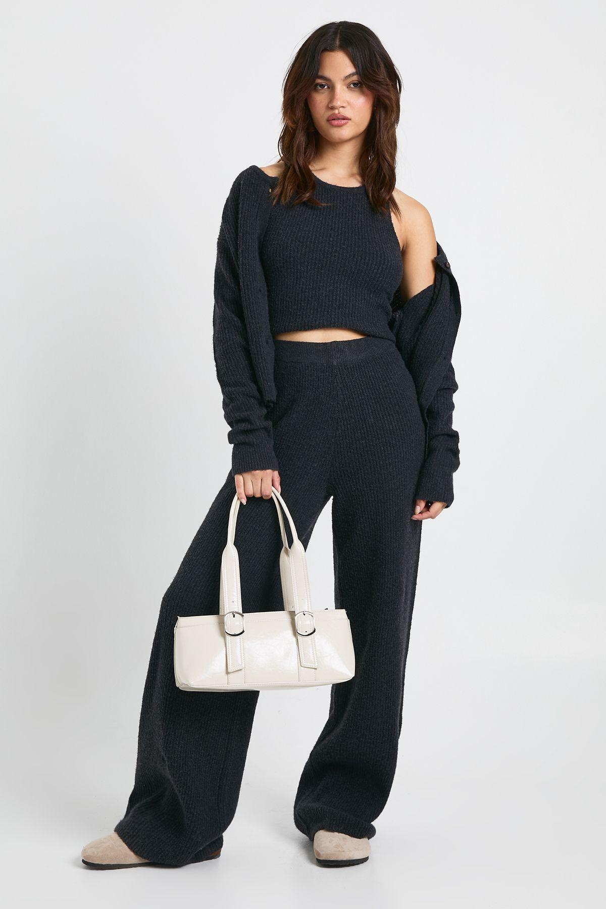 Cosy Knit Crew Neck Cardigan, Knitted Vest and Wide Leg Trouser 3 Piece Co-Ord by BOOHOO