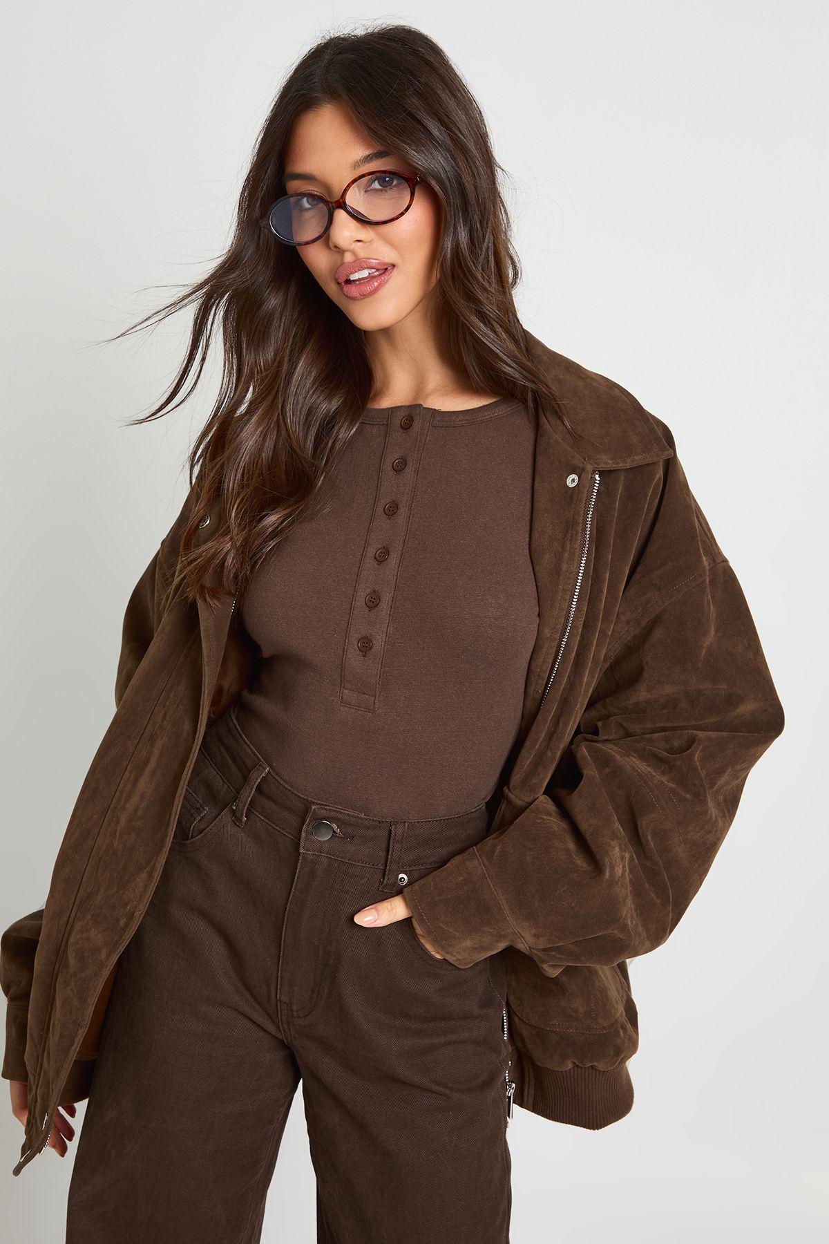 Cotton Henley Button Front Long Sleeve Top by BOOHOO
