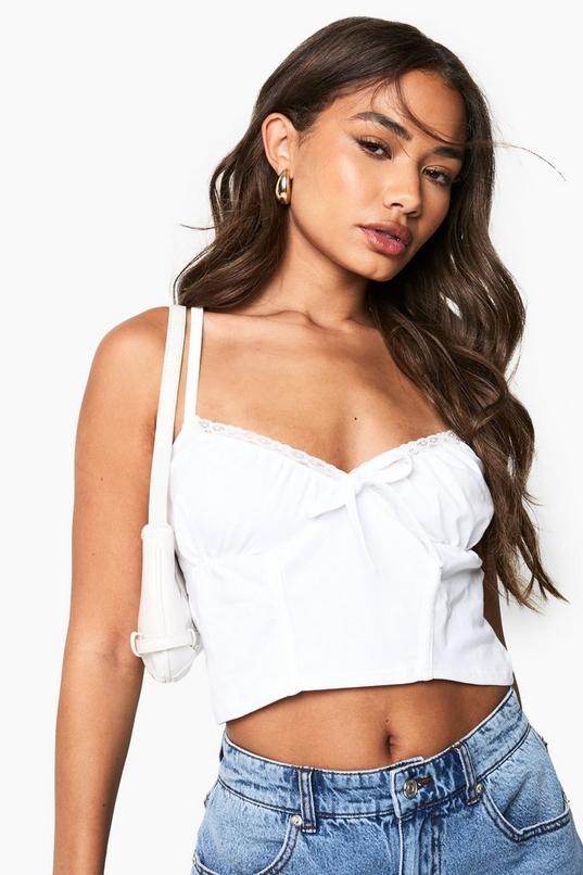 Cotton Lace Trim Tie Front Corset Top by BOOHOO