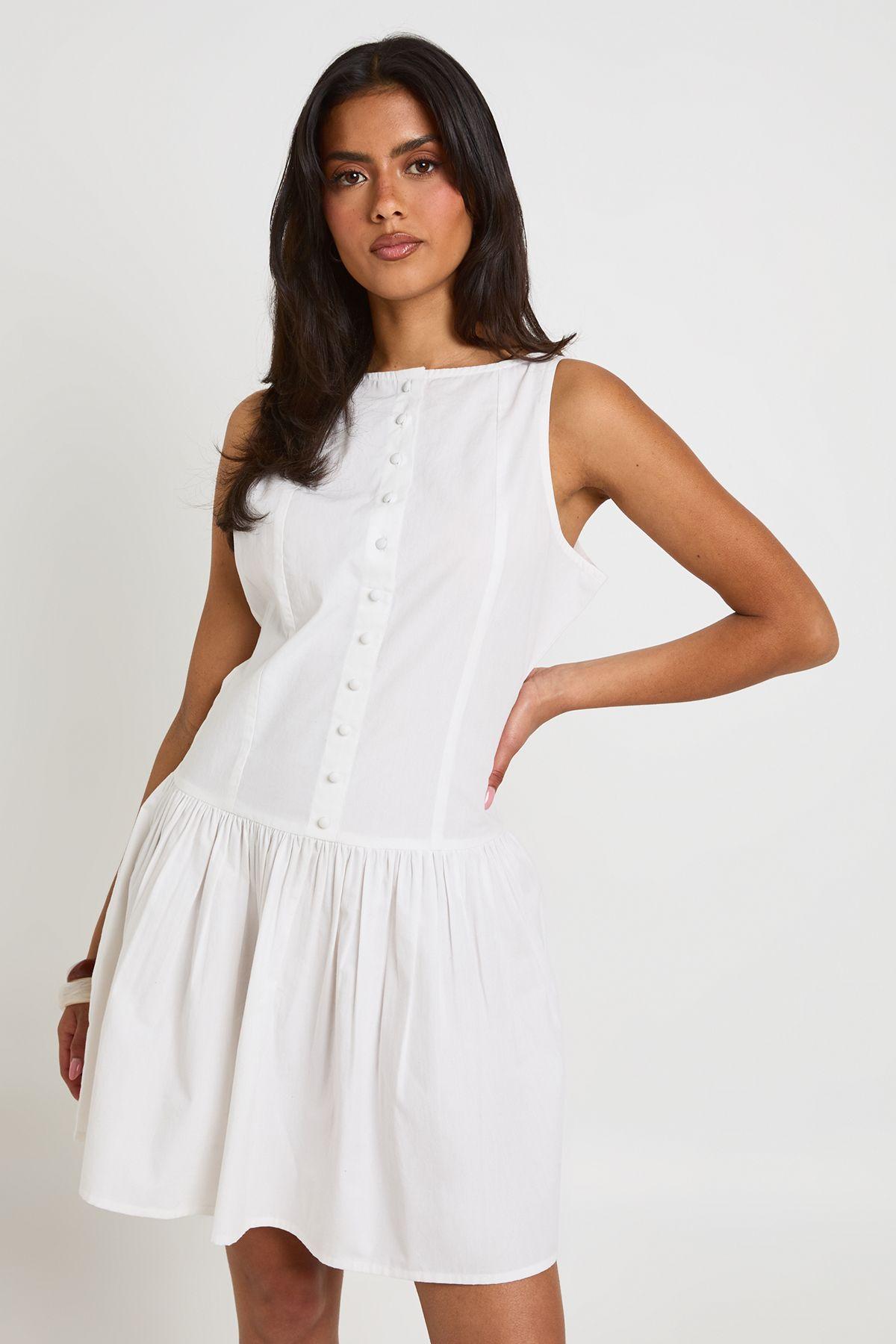 Cotton Poplin Button Through Boat Neck Mini Dress by BOOHOO