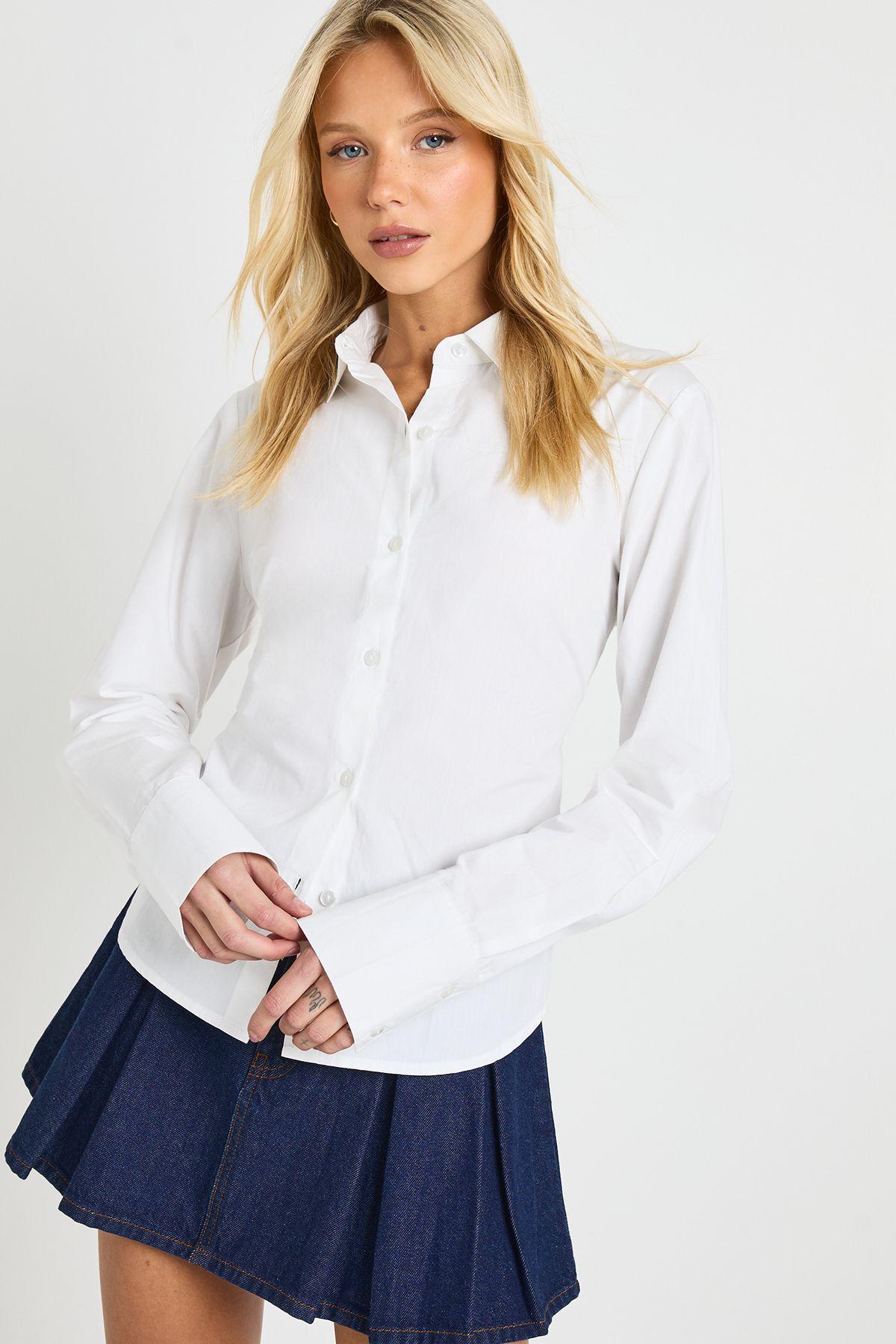 Cotton Poplin Cinched Fitted Shirt by BOOHOO