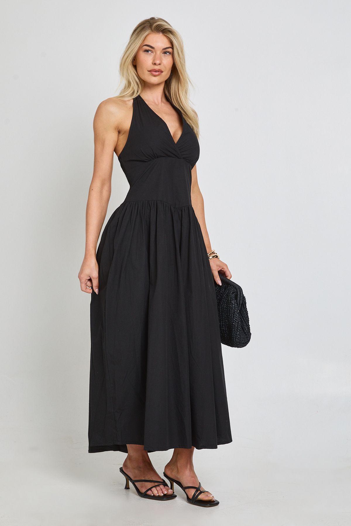 Cotton Poplin Halter Neck Pleated Midi Dress by BOOHOO
