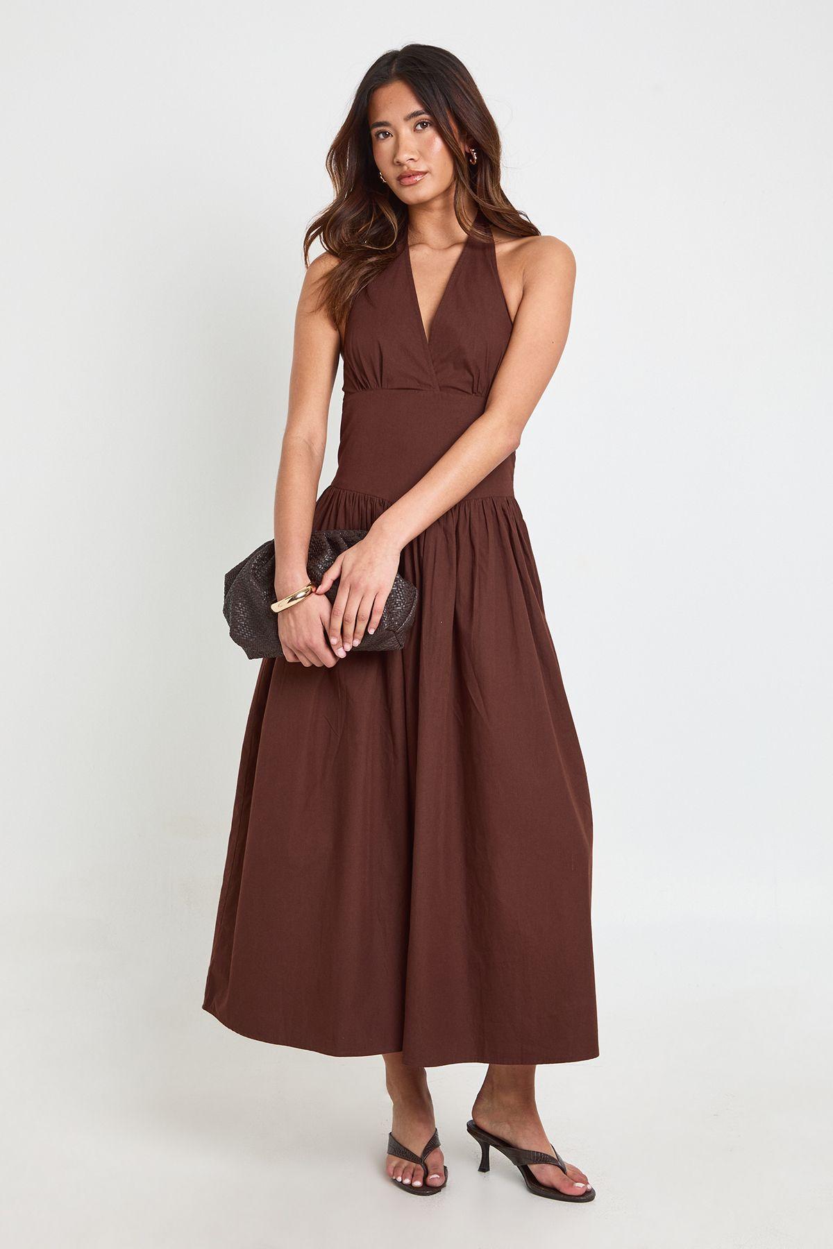 Cotton Poplin Halter Neck Pleated Midi Dress by BOOHOO