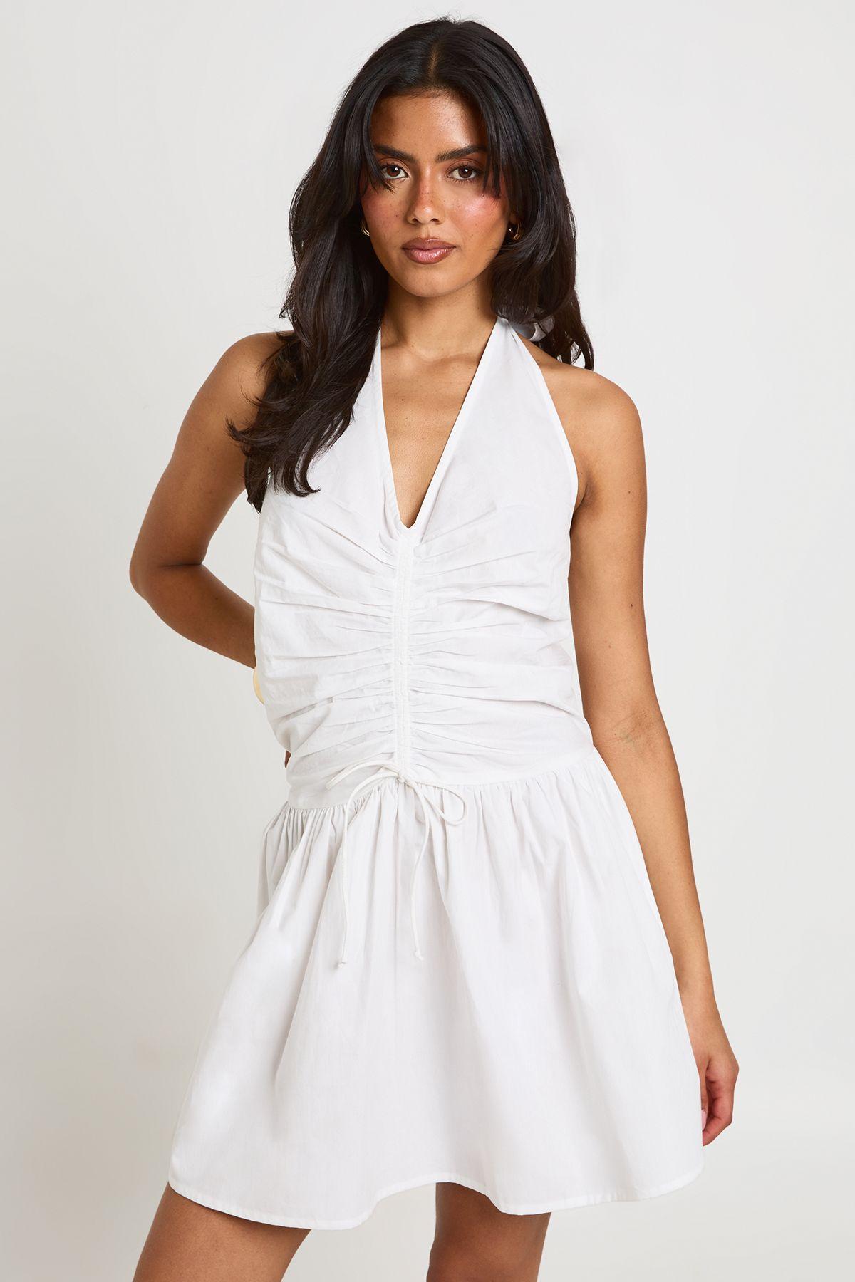 Cotton Poplin Halterneck Front Gathered Seam Skater Mini Dress by BOOHOO