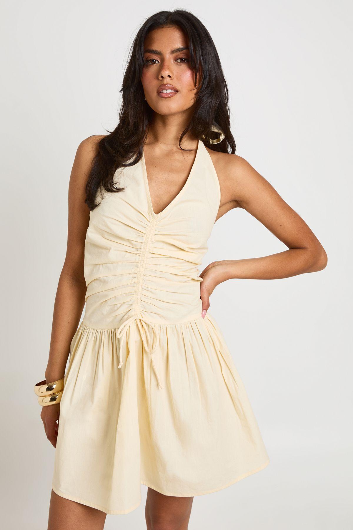 Cotton Poplin Halterneck Front Gathered Seam Skater Mini Dress by BOOHOO