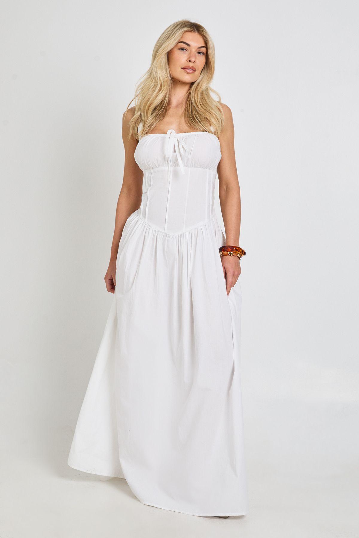 Cotton Poplin Milkmaid Maxi Dress by BOOHOO