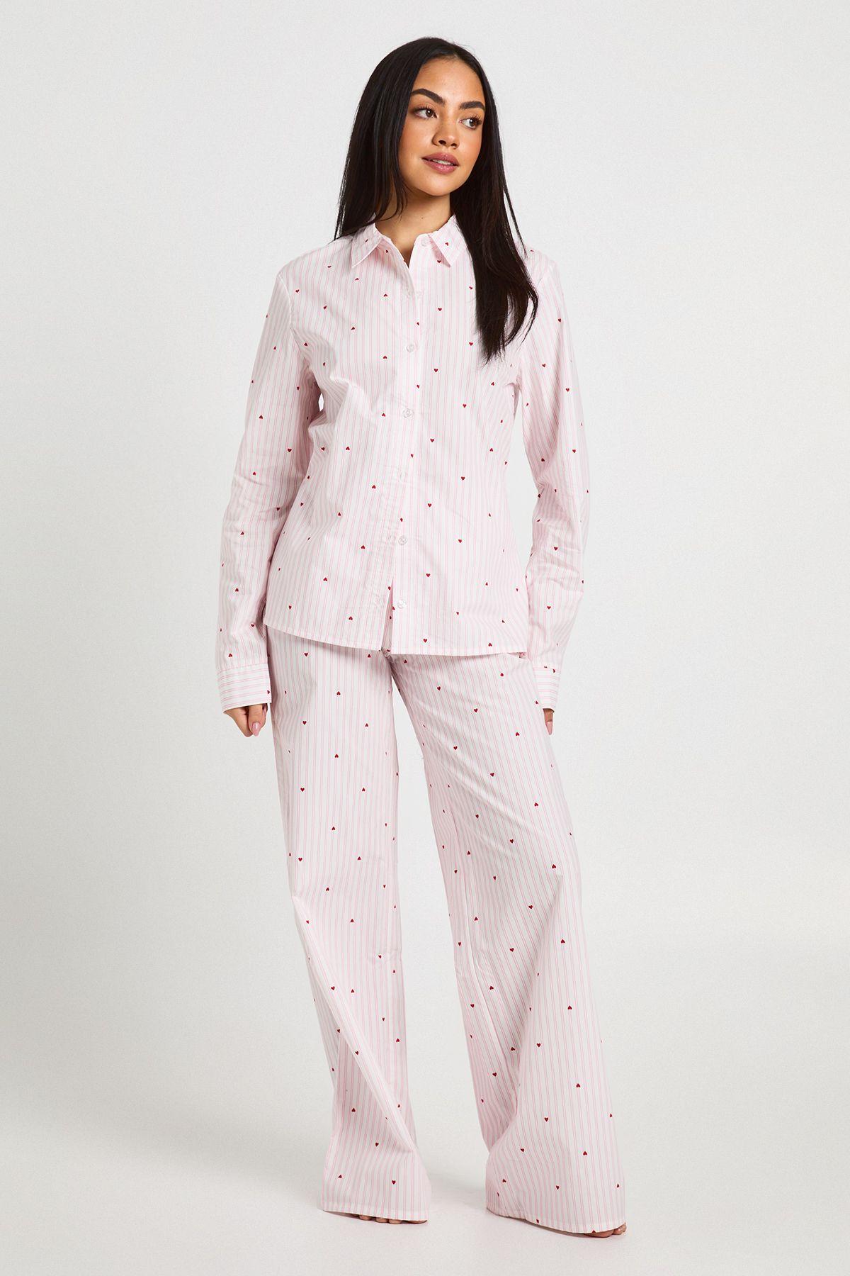 Cotton Poplin Pinstripe Heart Print Long Sleeve Shirt & Trouser Pyjama Set by BOOHOO