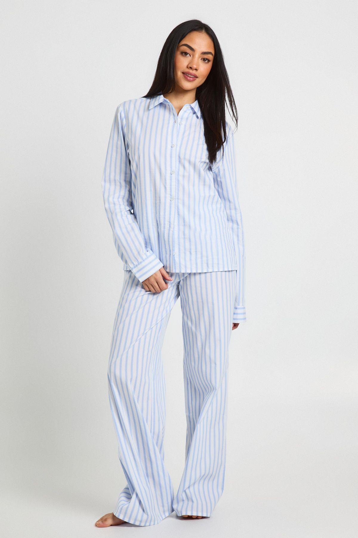 Cotton Poplin Pinstripe Long Sleeve Shirt & Trouser Pyjama Set by BOOHOO
