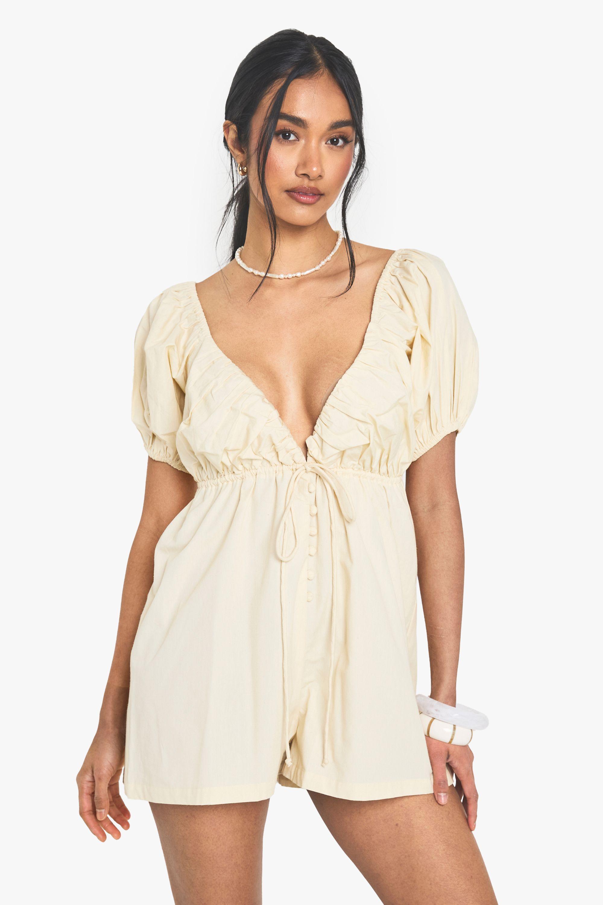 Cotton Poplin Puff Sleeve Playsuit by BOOHOO