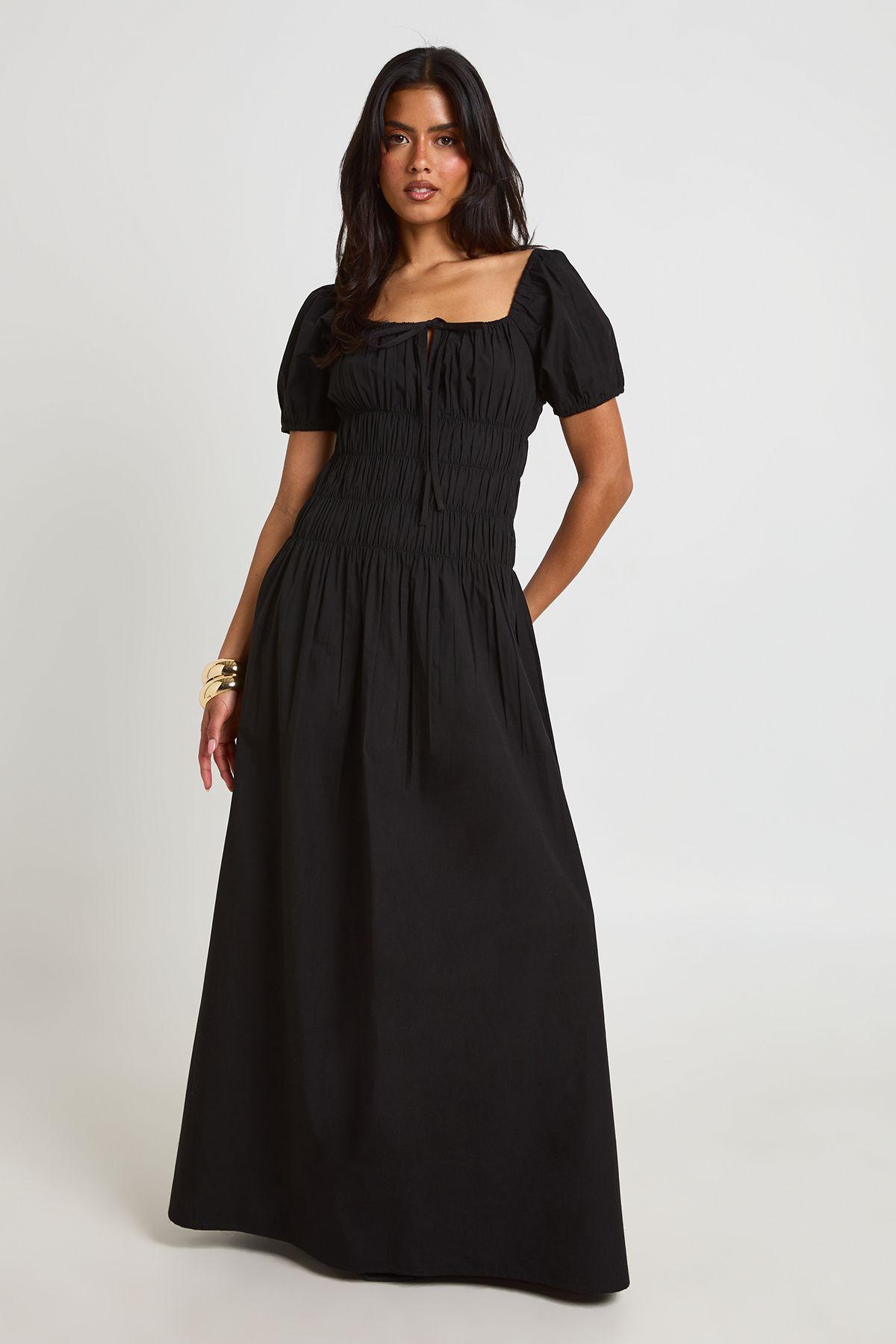 Cotton Poplin Shirred Bodice Puff Sleeve Maxi Dress by BOOHOO