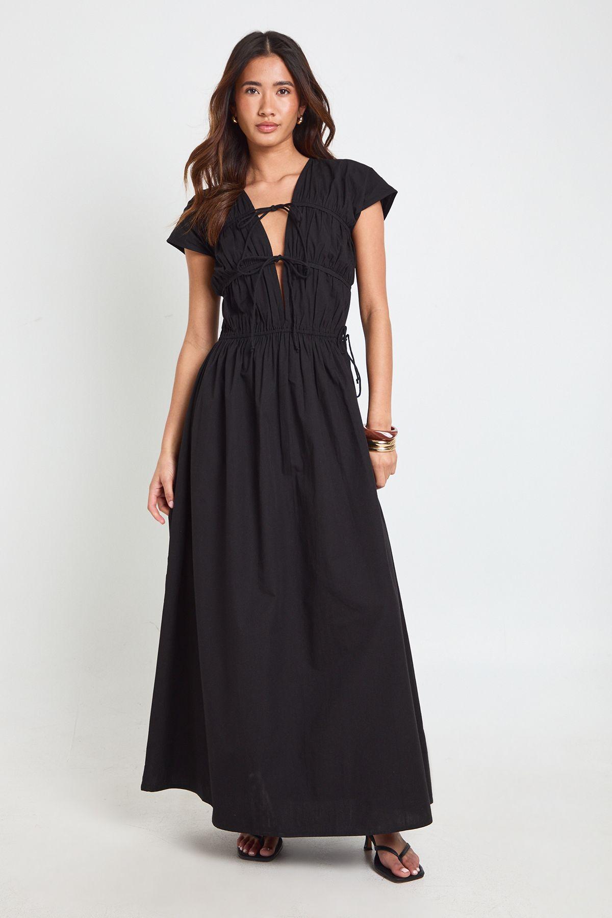 Cotton Poplin Shirred Front Tie Maxi Dress by BOOHOO