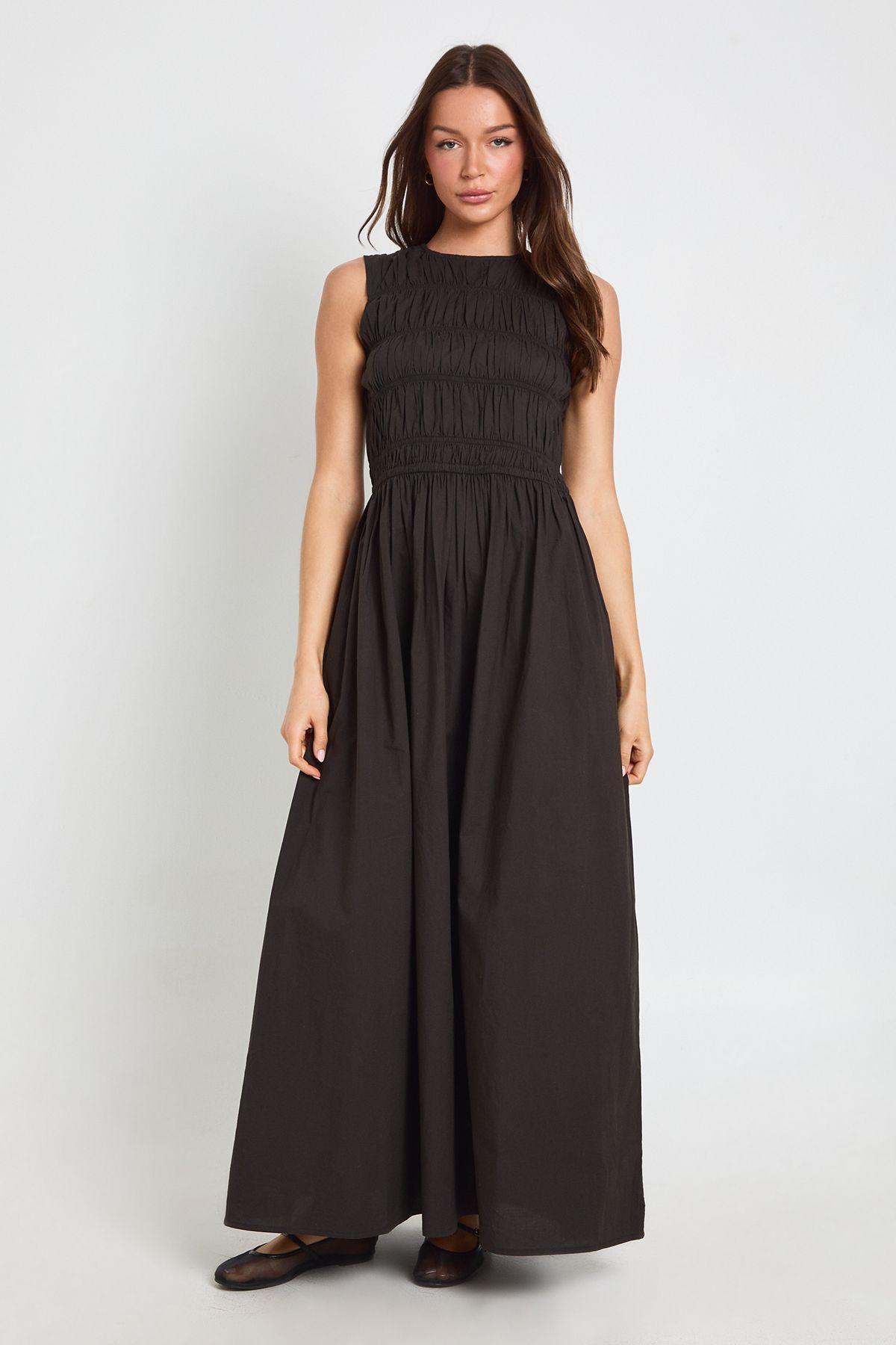 Cotton Poplin Shirred Maxi Dress by BOOHOO