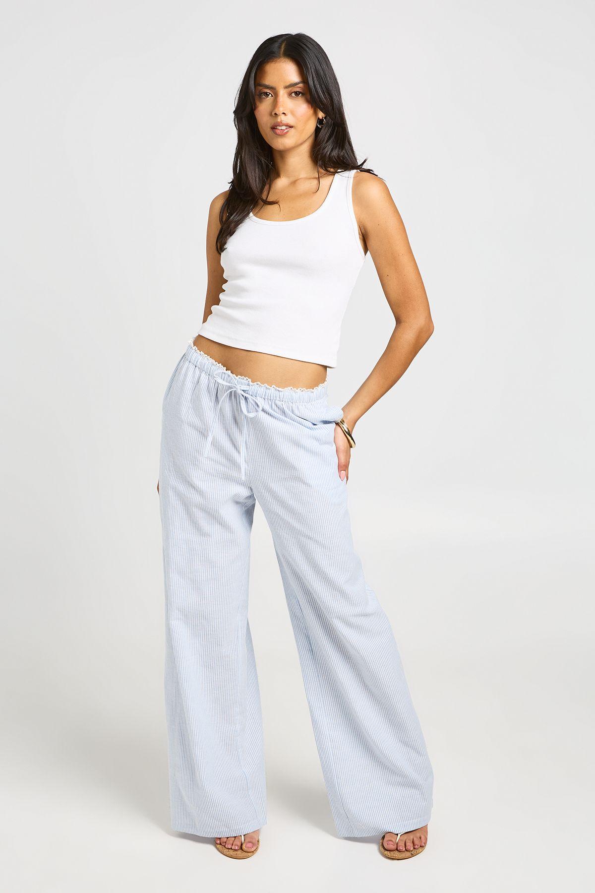 Cotton Poplin Striped Lace Trim Wide Leg Trousers by BOOHOO