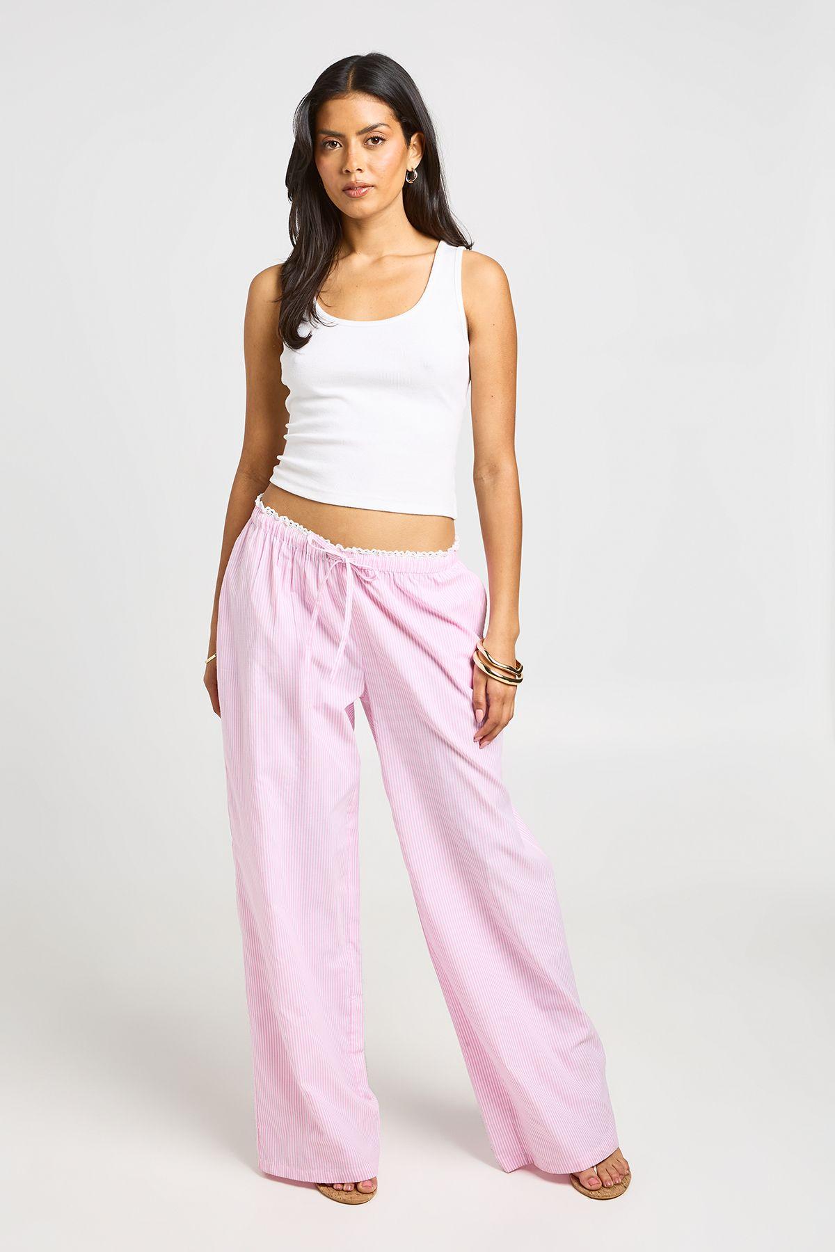 Cotton Poplin Striped Lace Trim Wide Leg Trousers by BOOHOO