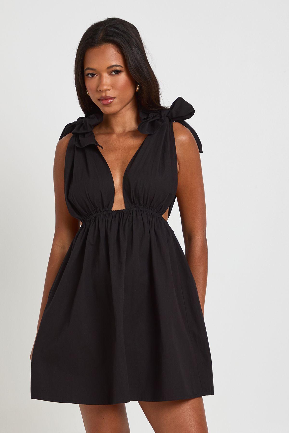 Cotton Poplin Tie Shoulder Mini Skater Dress by BOOHOO