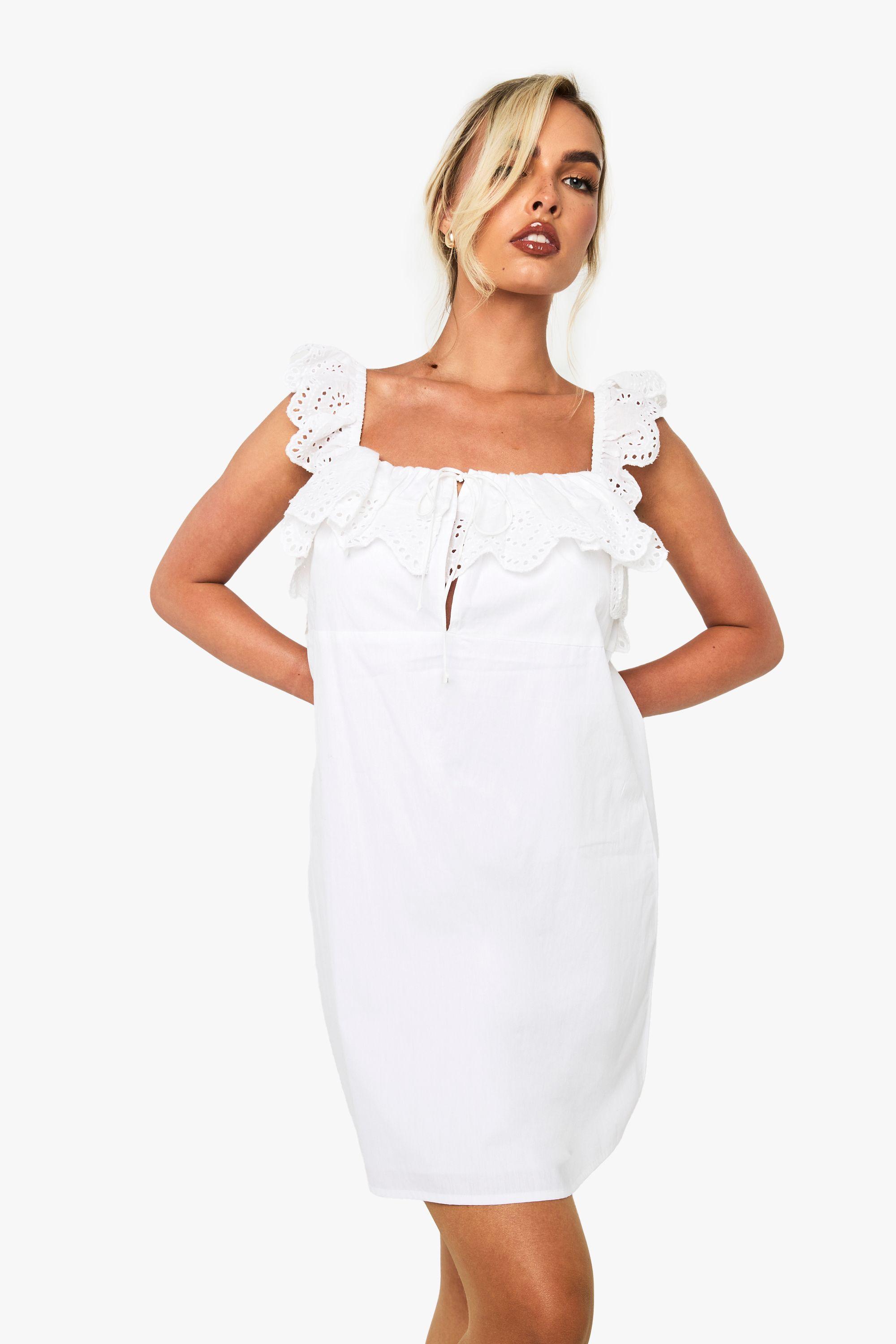 Cotton Ruffle Crochet Smock Mini Dress by BOOHOO