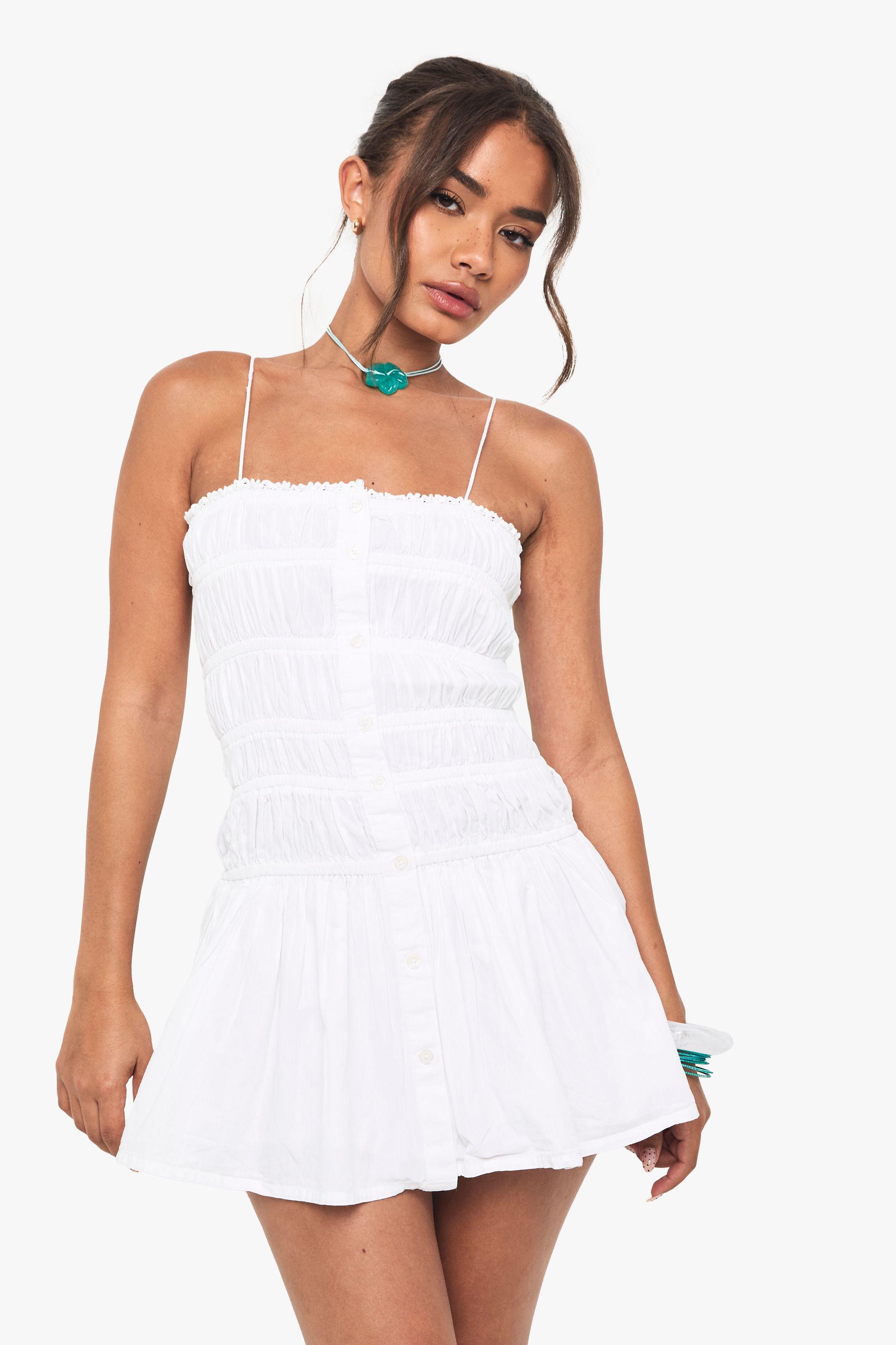Cotton Shirred Bandeau Button Mini Dress by BOOHOO