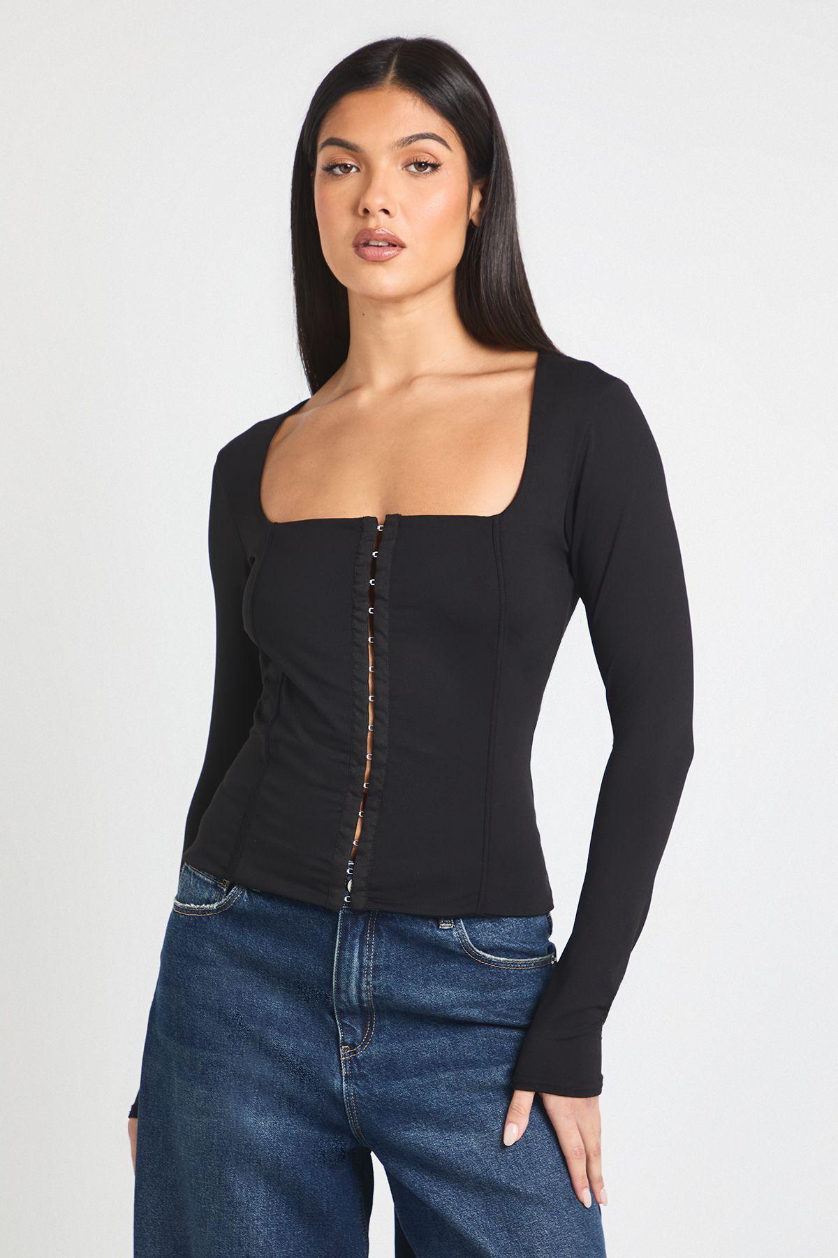 Cotton Touch Hook and Eye Long Sleeve Corset Top by BOOHOO
