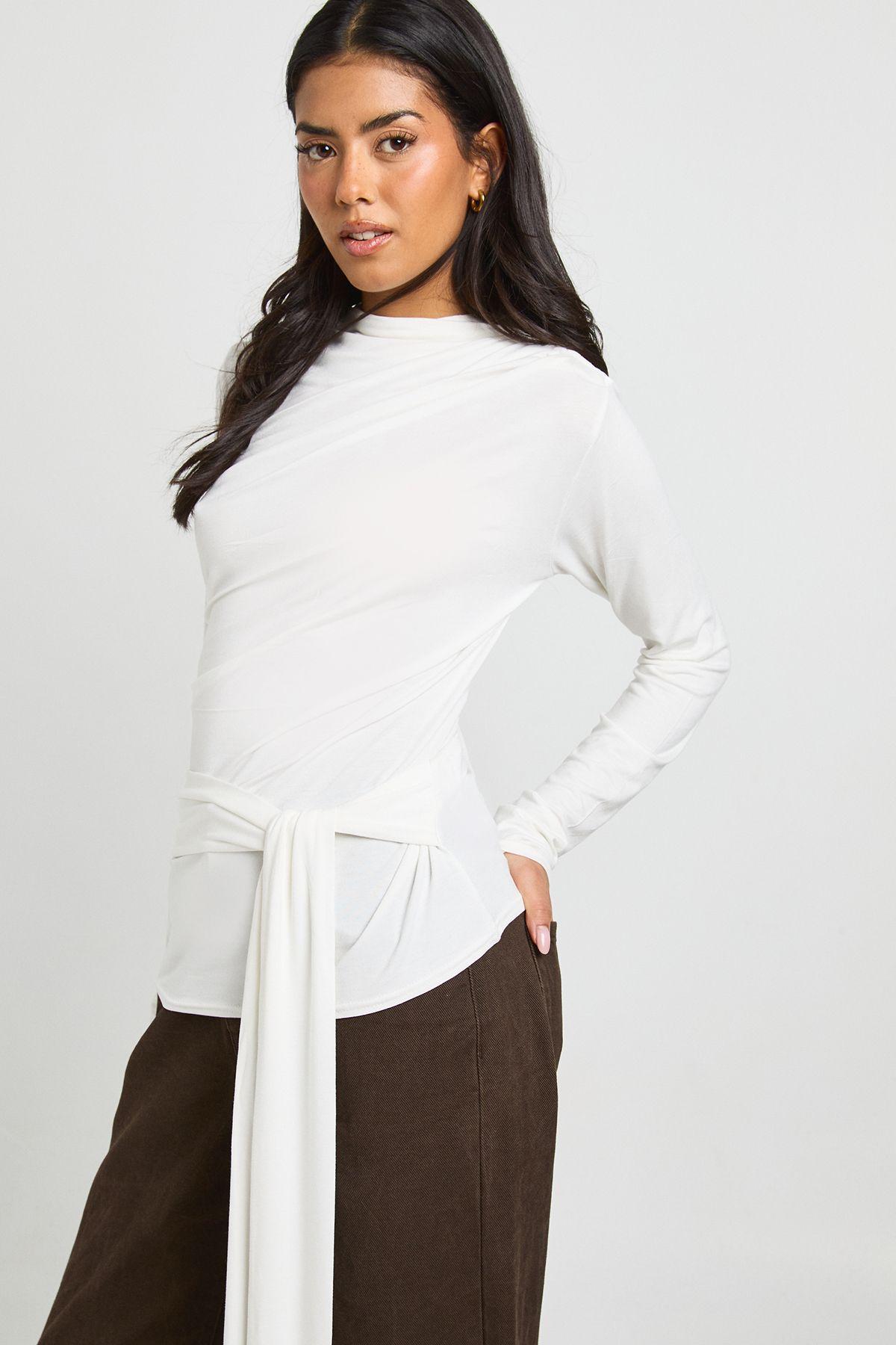 Cowl Neck Long Sleeve Tie Waist Top by BOOHOO