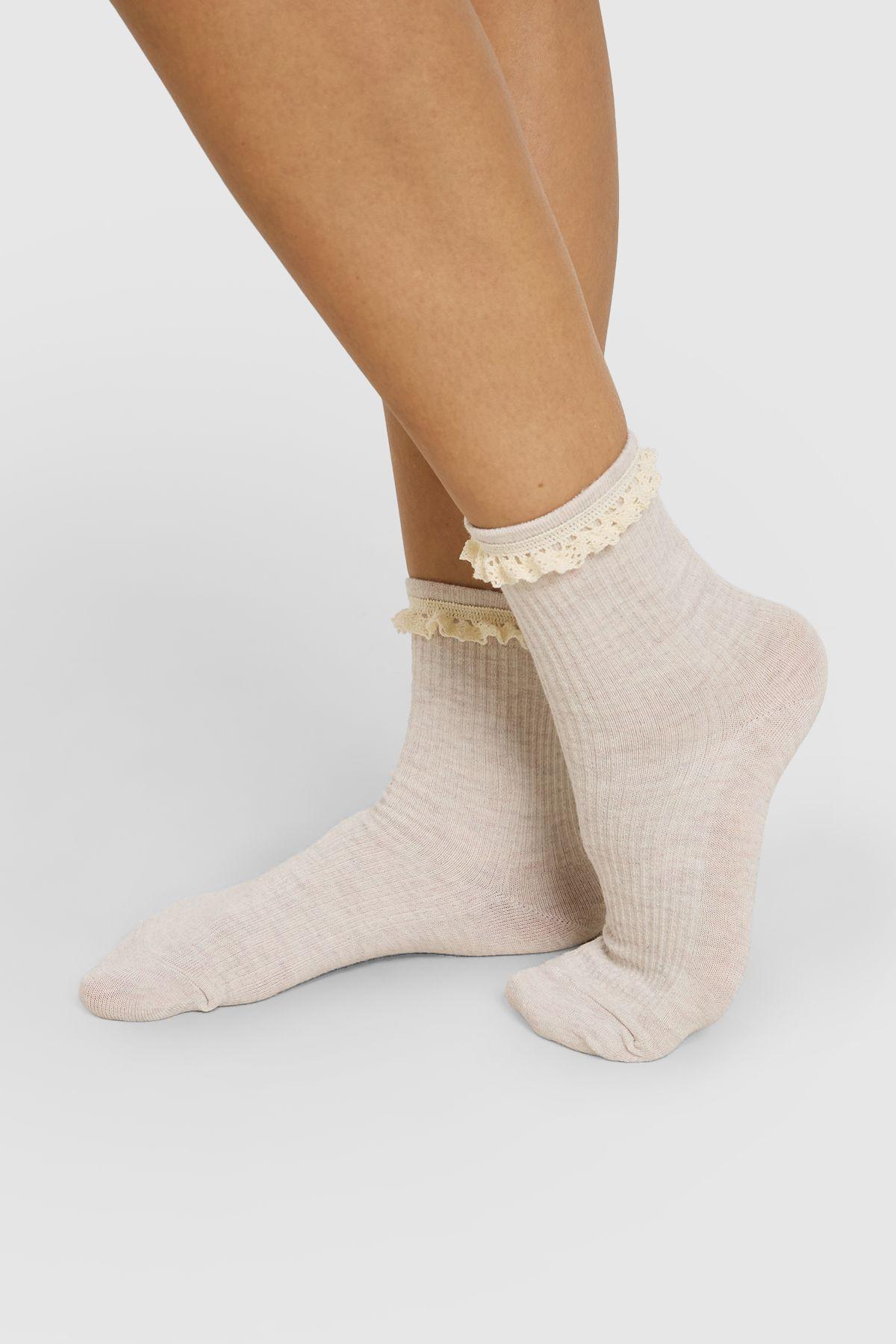 Cream Ribbed Frilly Socks by BOOHOO