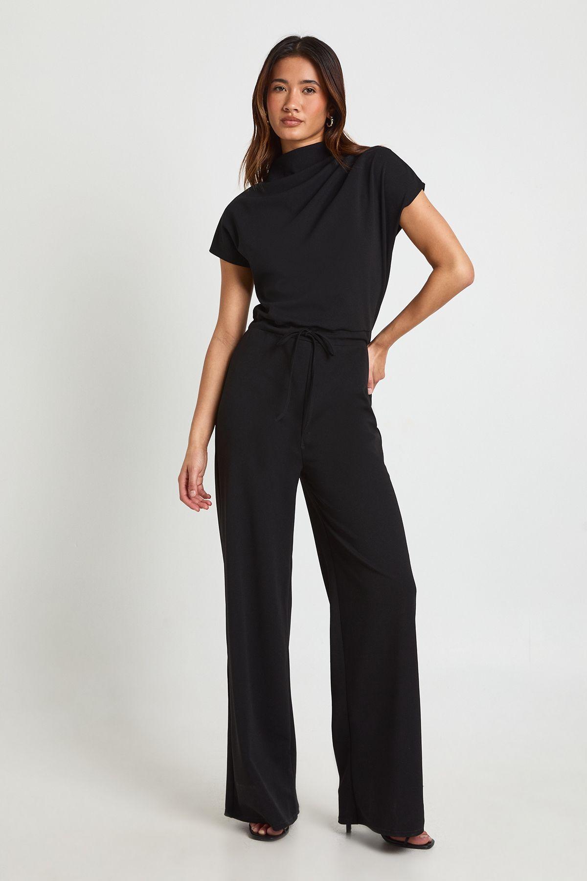 Crepe Grown On Neck Drawstring Waistband Wide Leg Jumpsuit by BOOHOO