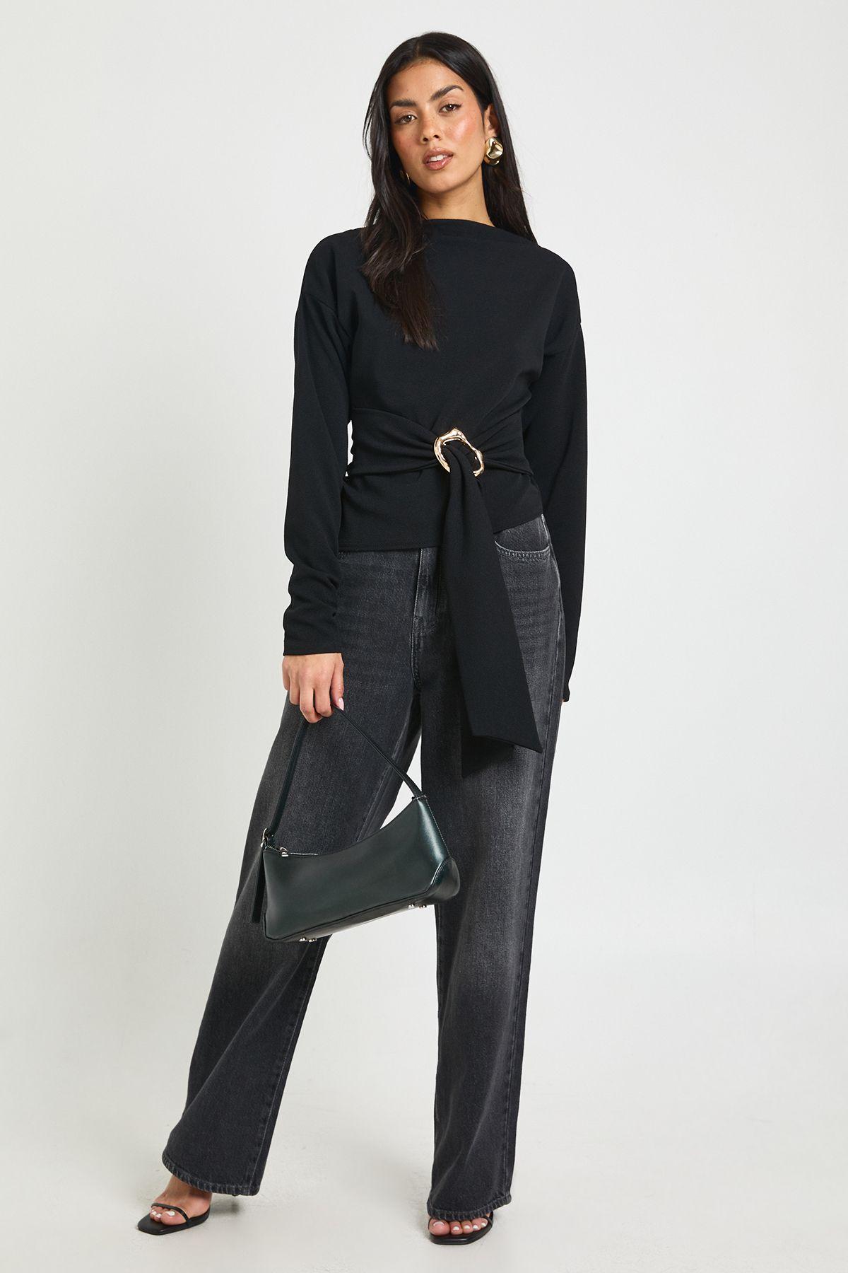 Crepe Grown On Neck Gold Trim Belt Detail Long Sleeve Top by BOOHOO