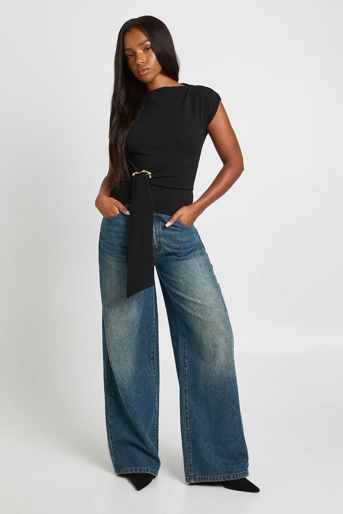 Crepe Grown On Neck Gold Trim Belt Detail Top by BOOHOO