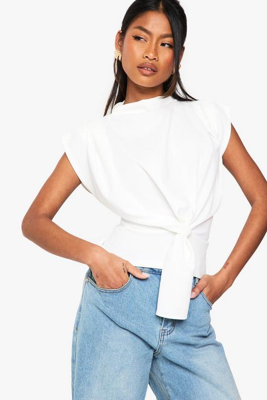 Crepe Knot Cowl Neck Blouse by BOOHOO