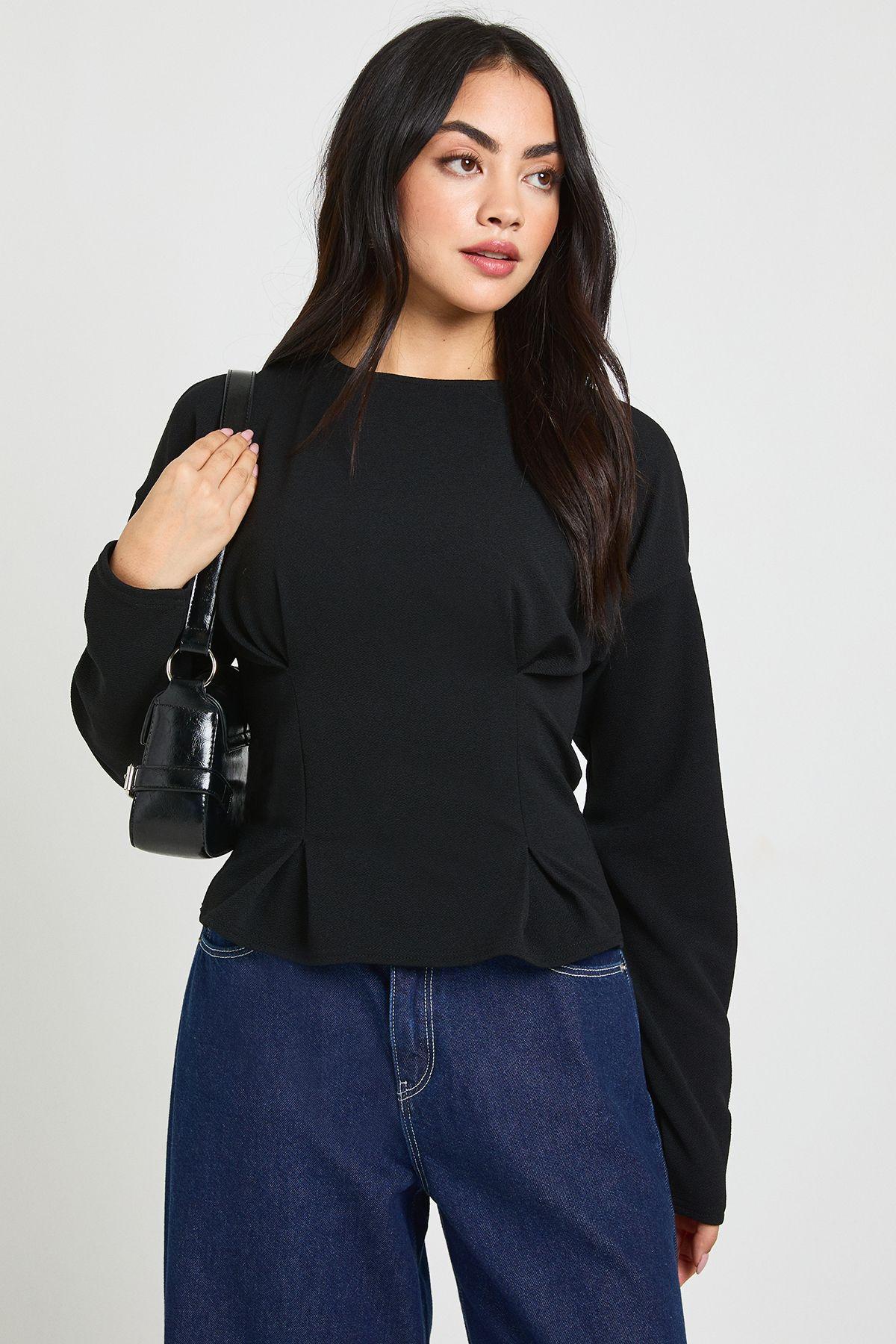 Crepe Long Sleeve Cinched Waist Top by BOOHOO