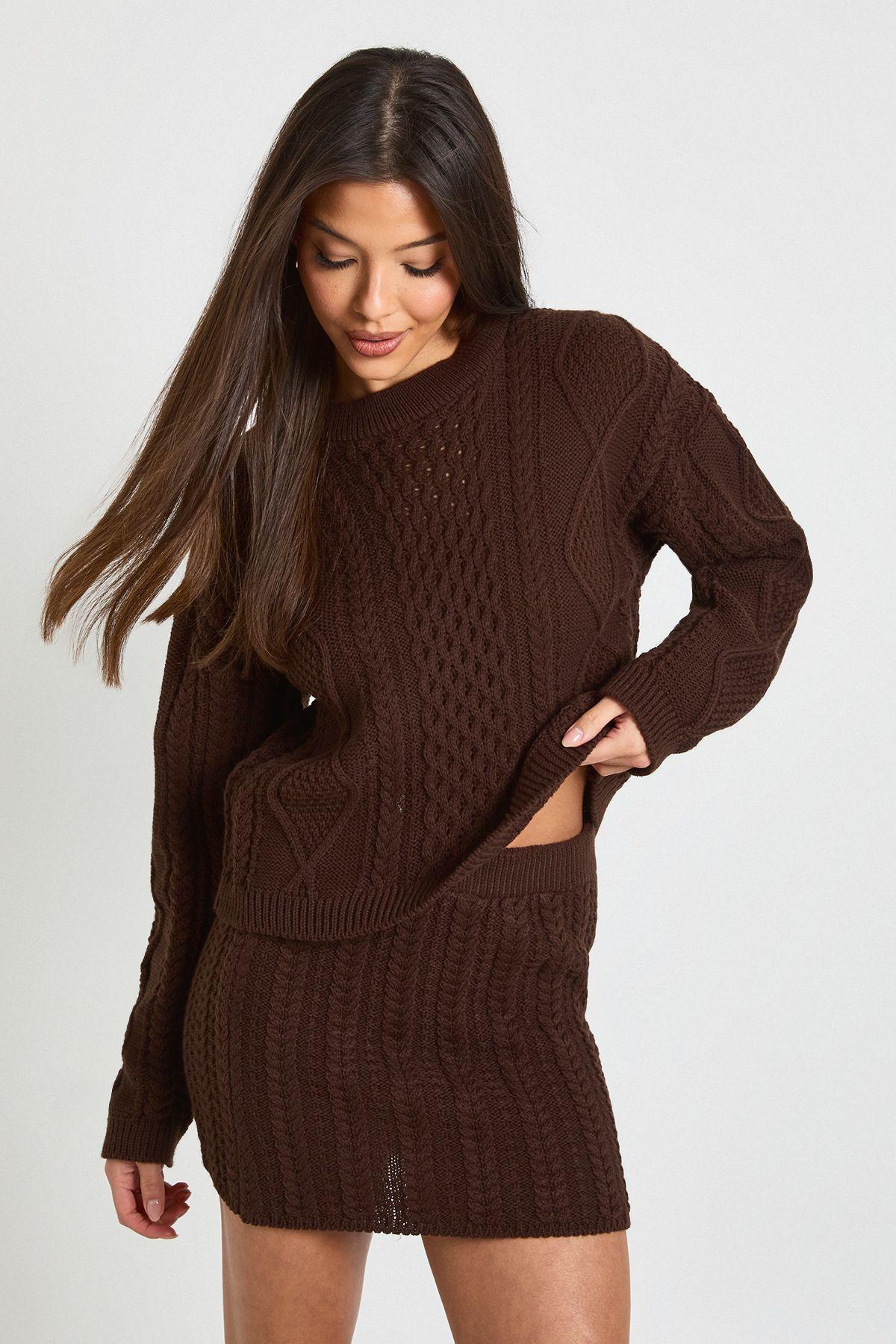 Crew Neck Cable Knit Jumper And Mini Skirt by BOOHOO