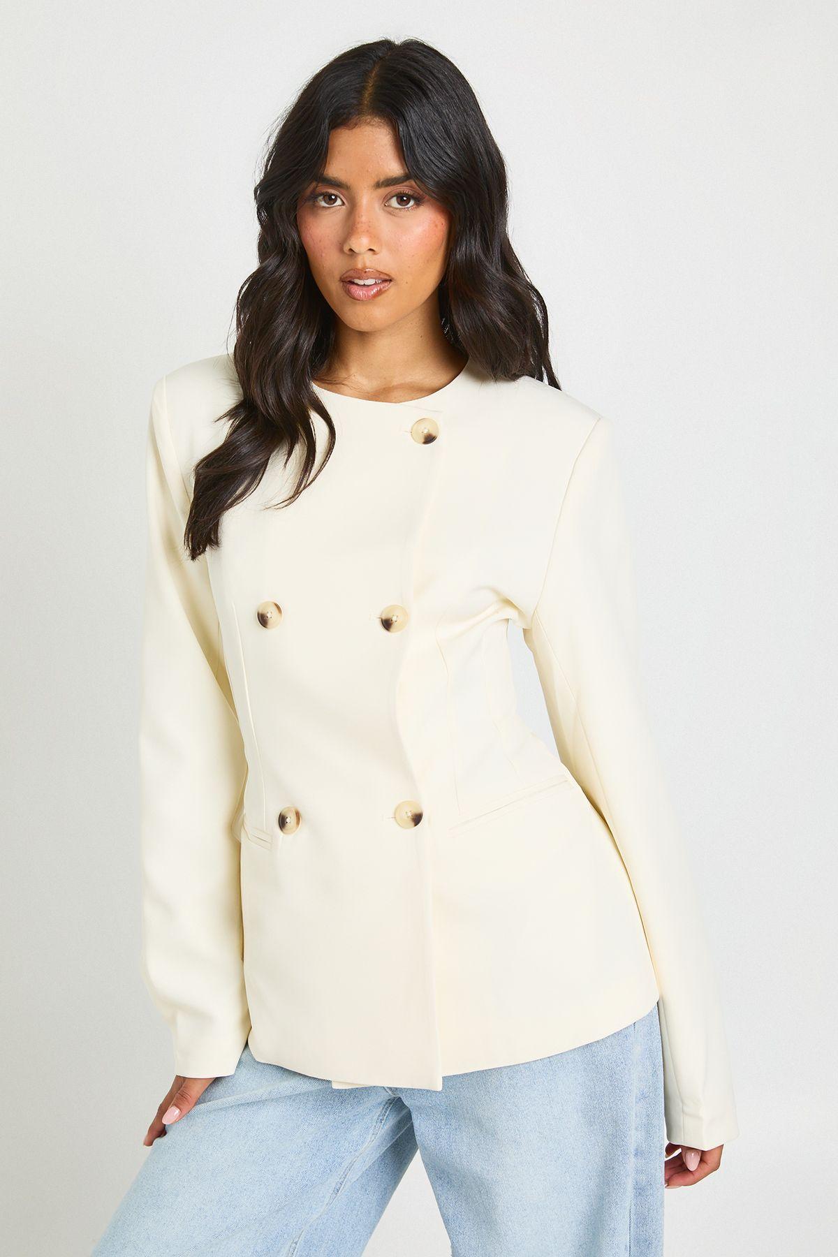 Crew Neck Double Breasted Blazer by BOOHOO