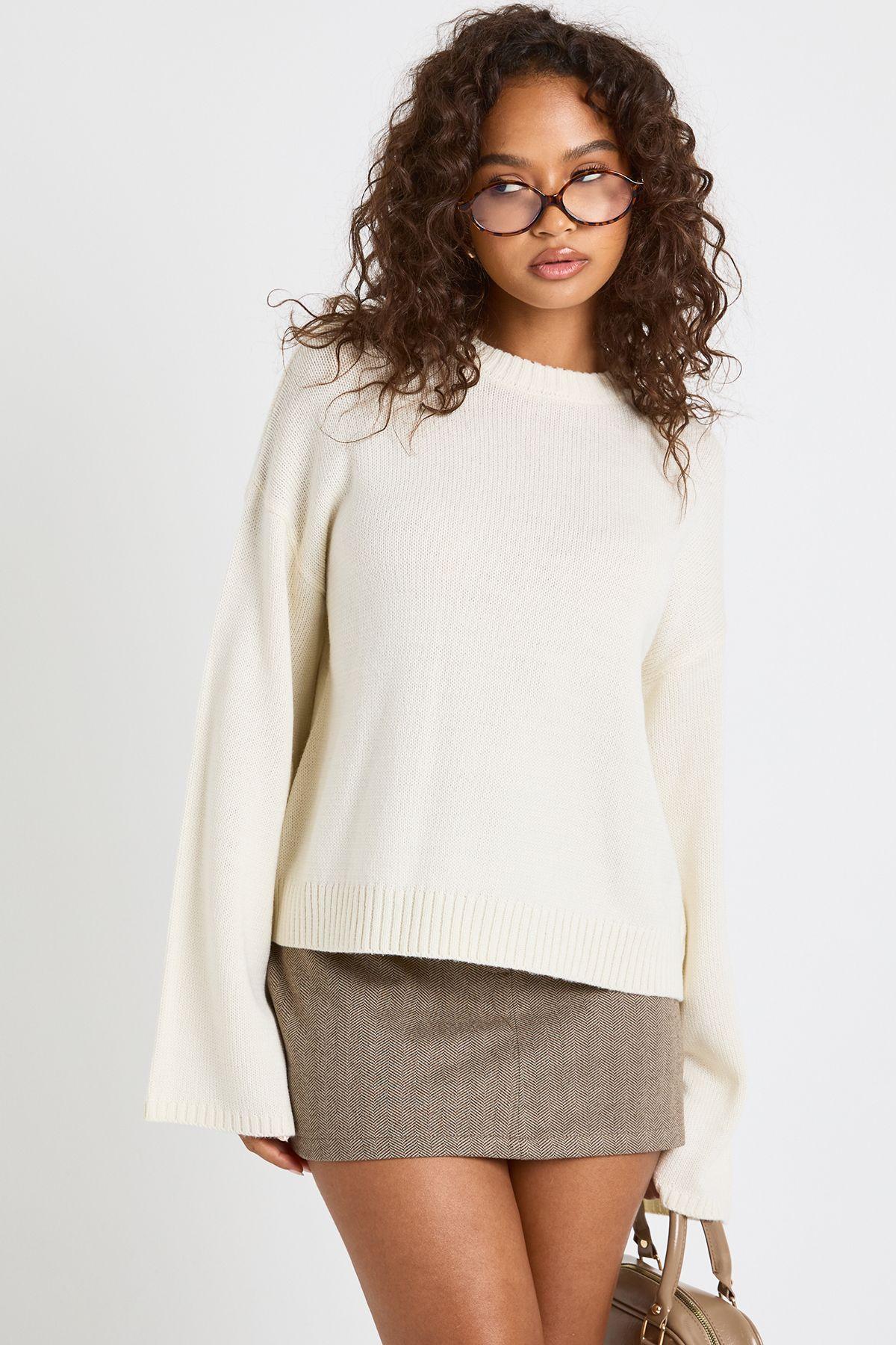 Crew Neck Flared Sleeve Knitted Jumper by BOOHOO