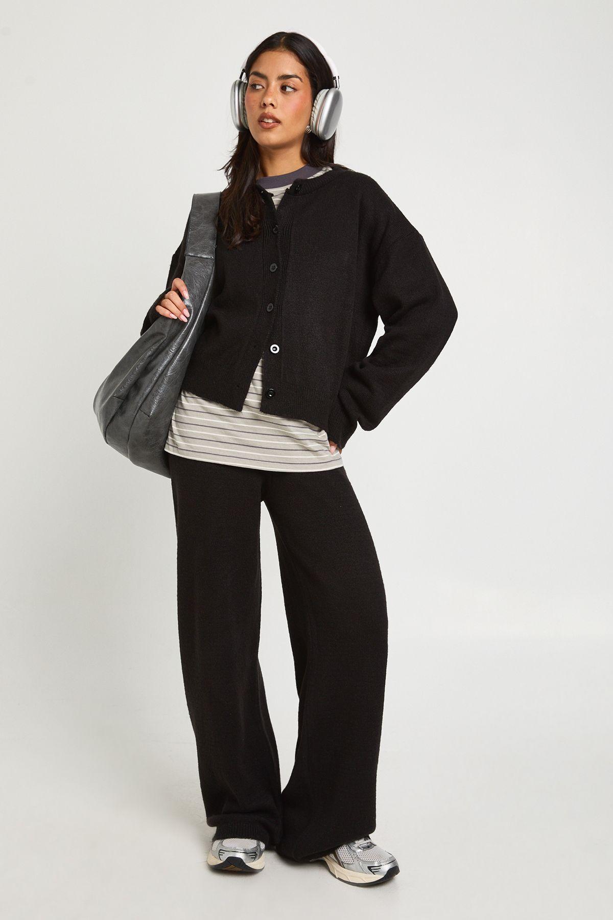 Crew Neck Knitted Boxy Cardigan and Wide Leg Trouser Co-Ord by BOOHOO