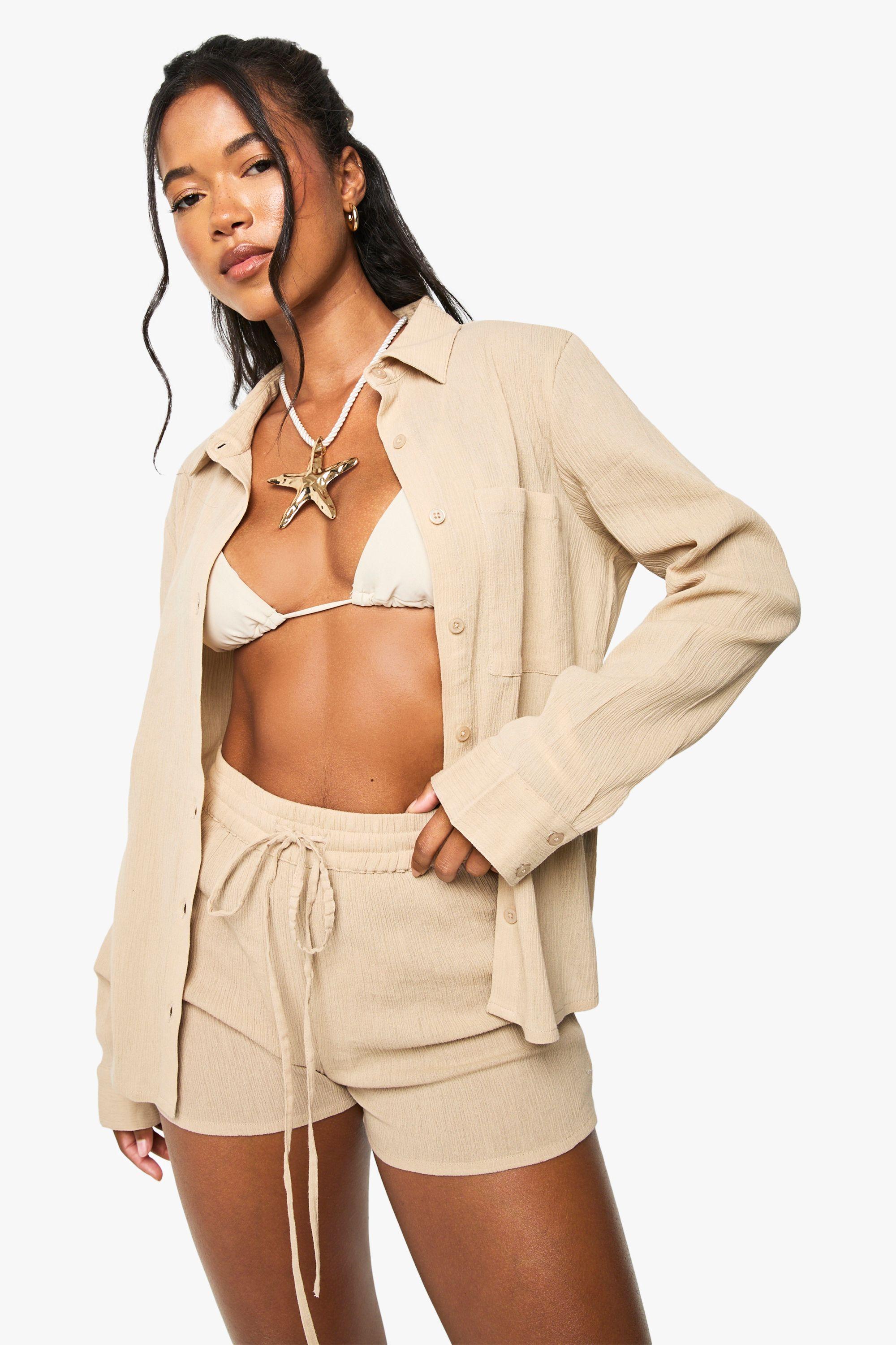 Crinkle Cotton Beach Shirt by BOOHOO