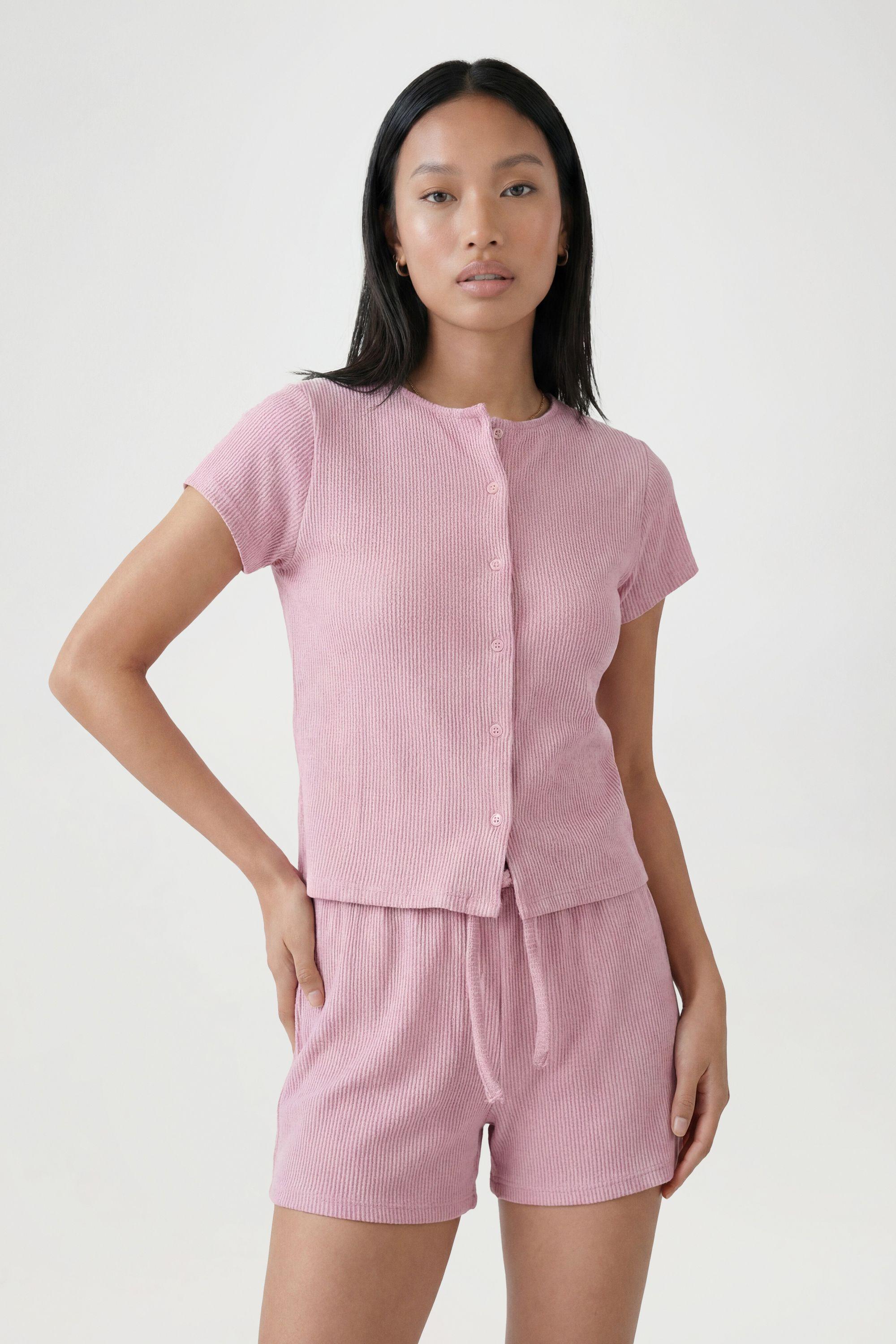 Crinkle Rib Button Through Cap Sleeve Top and Shorts Set by BOOHOO