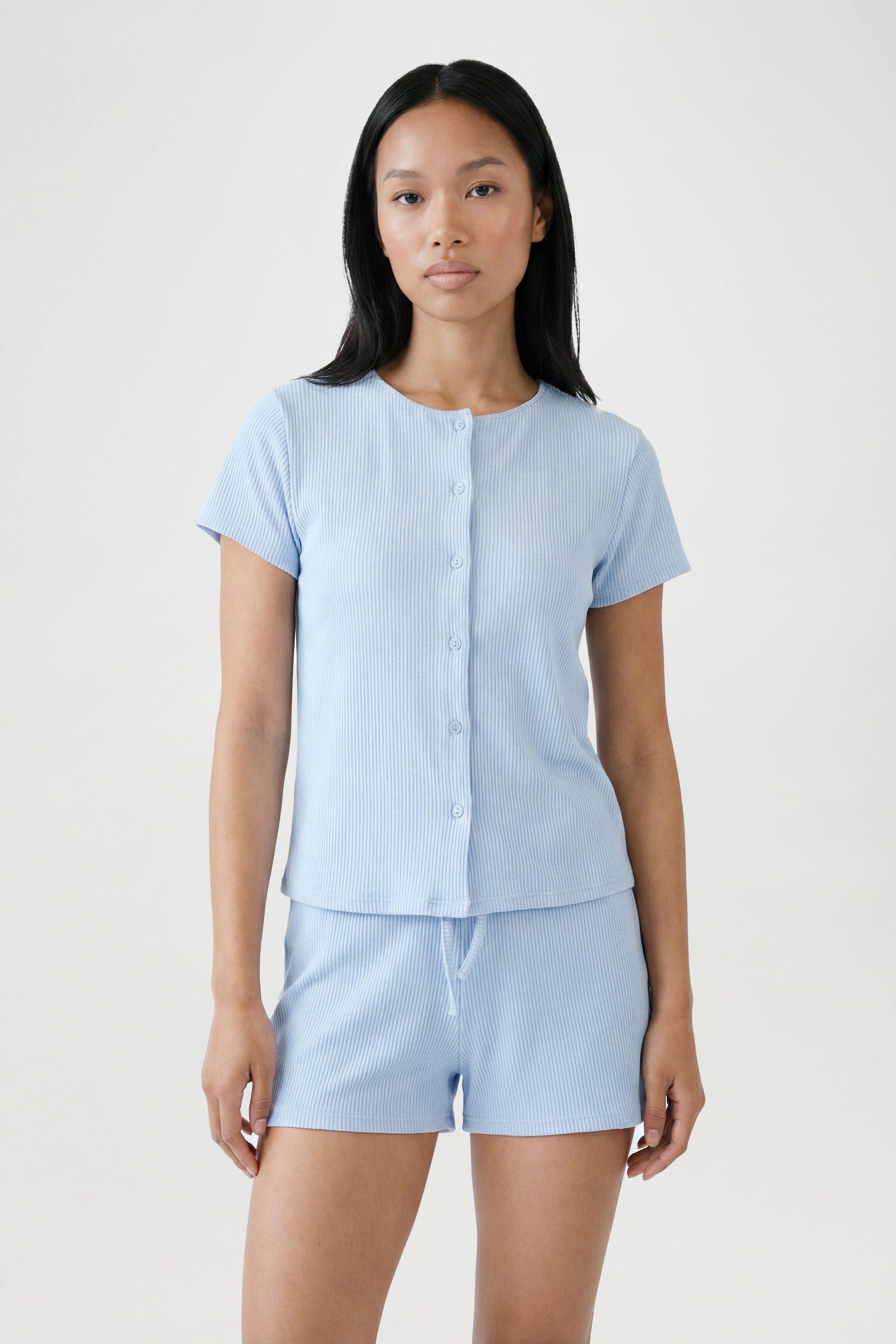 Crinkle Rib Button Through Cap Sleeve Top and Shorts Set by BOOHOO