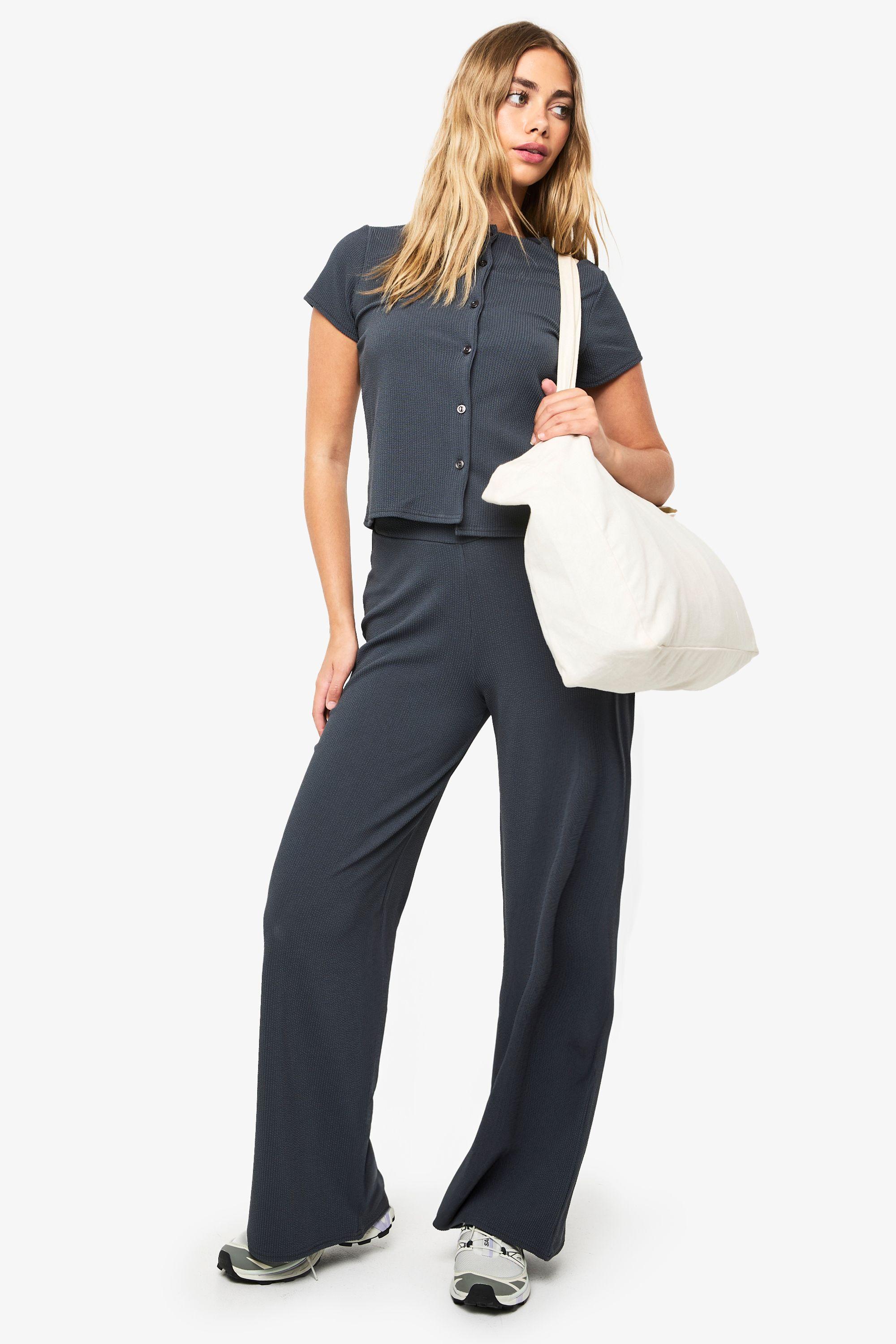 Crinkle Rib Button Through Cap Sleeve Top and Trouser Set by BOOHOO