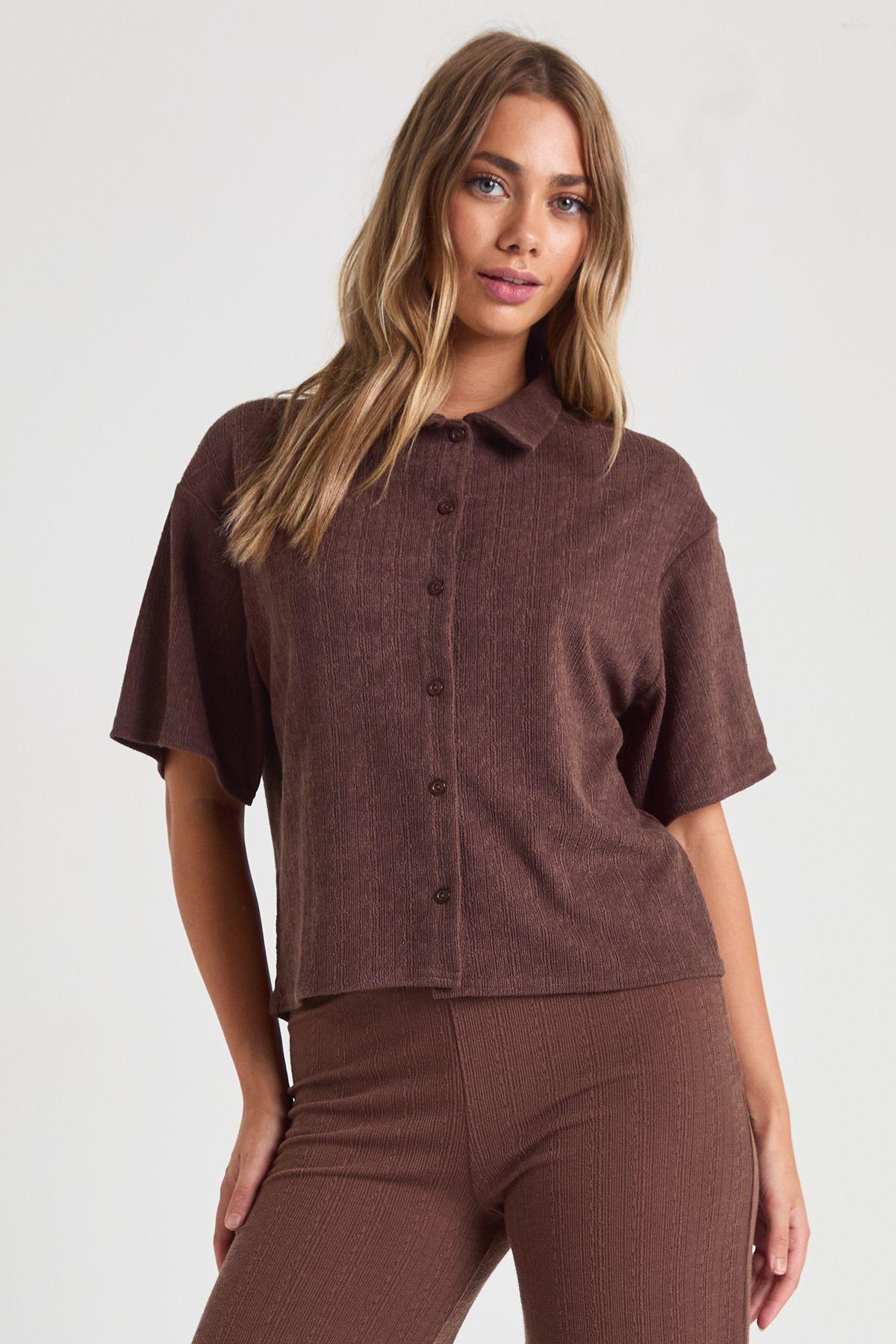 Crinkle Textured Button Through Collar Top by BOOHOO Crinkle Textured Button Through Collar Top by BOOHOO