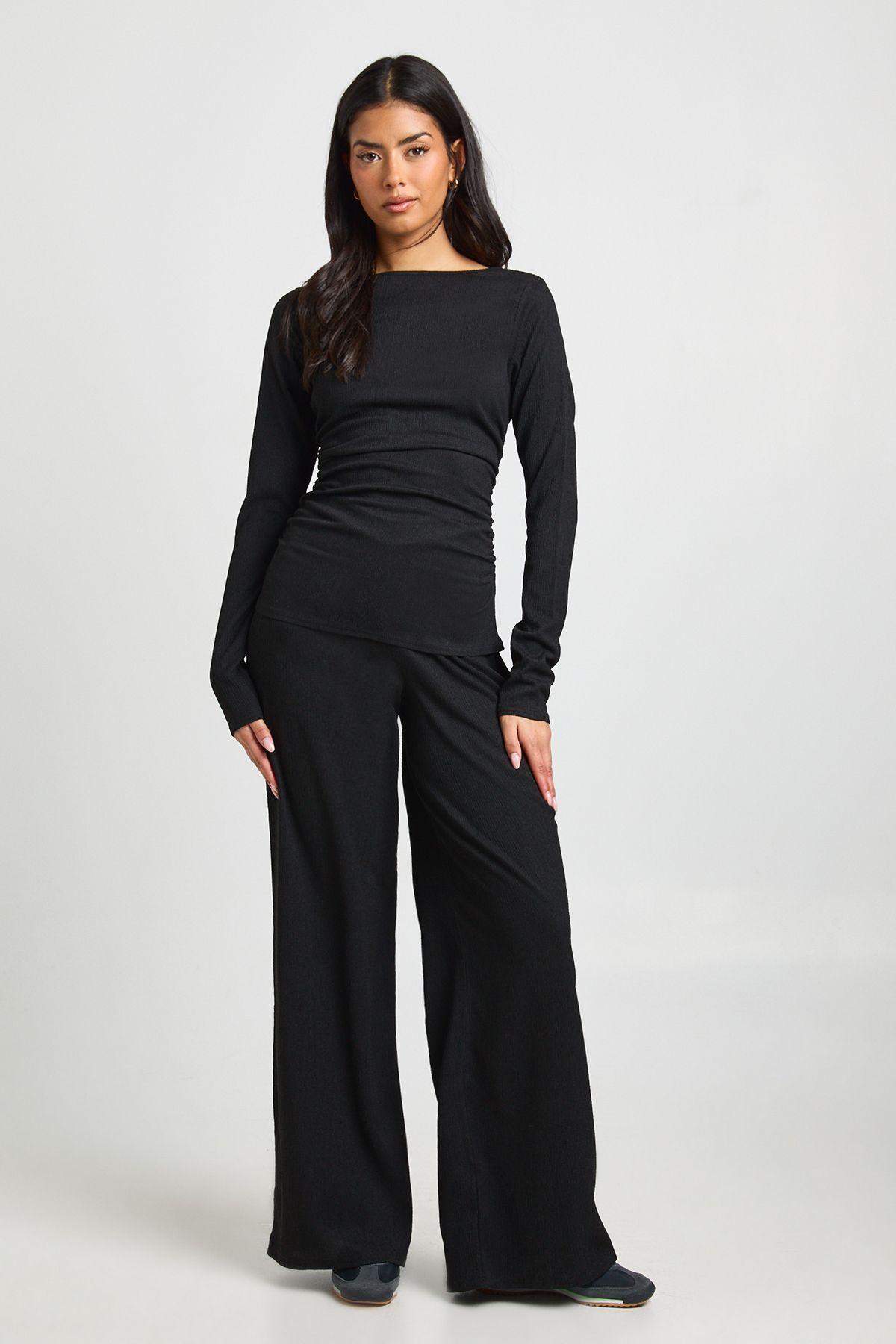Crinkle Textured Ruched Side Long Sleeve Trouser Co- Ord by BOOHOO