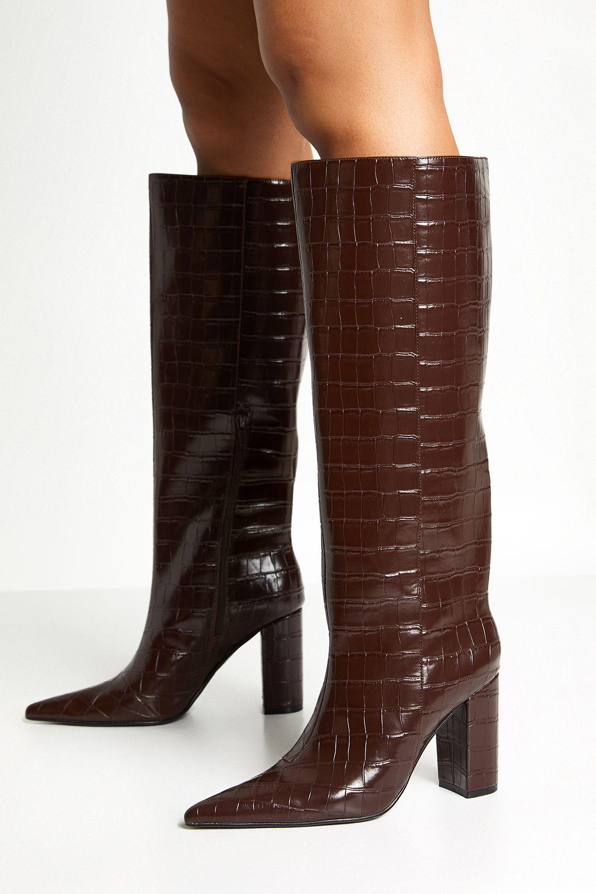 Croc Block Heel Column Boots by BOOHOO