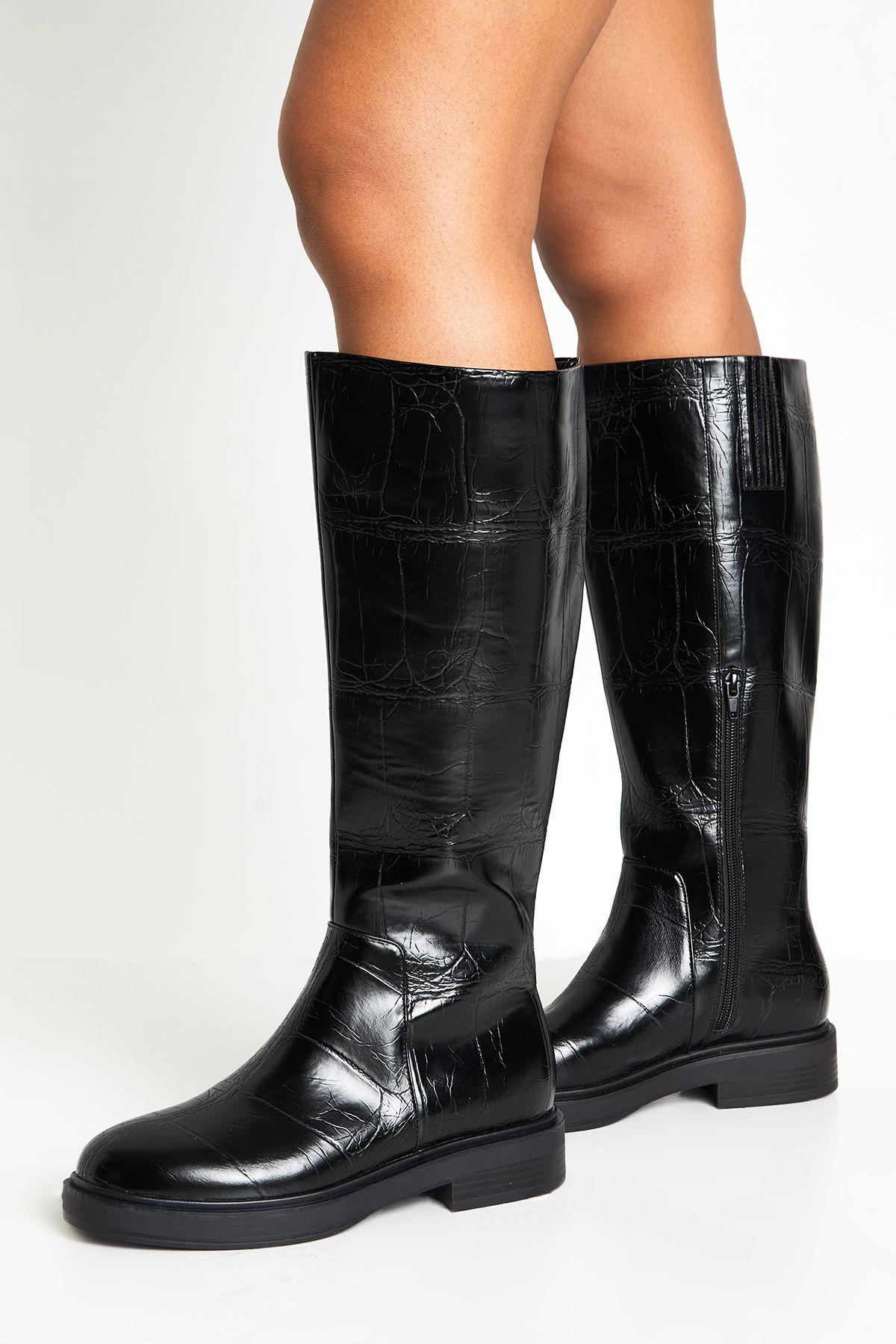 Croc Column Knee High Flat Boots by BOOHOO