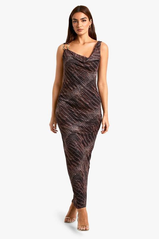 Croc Print Cowl Mesh Slip Dress by BOOHOO