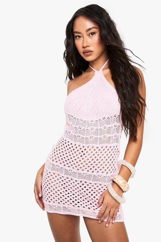 Crochet Beach Halter Neck Mini Dress by BOOHOO