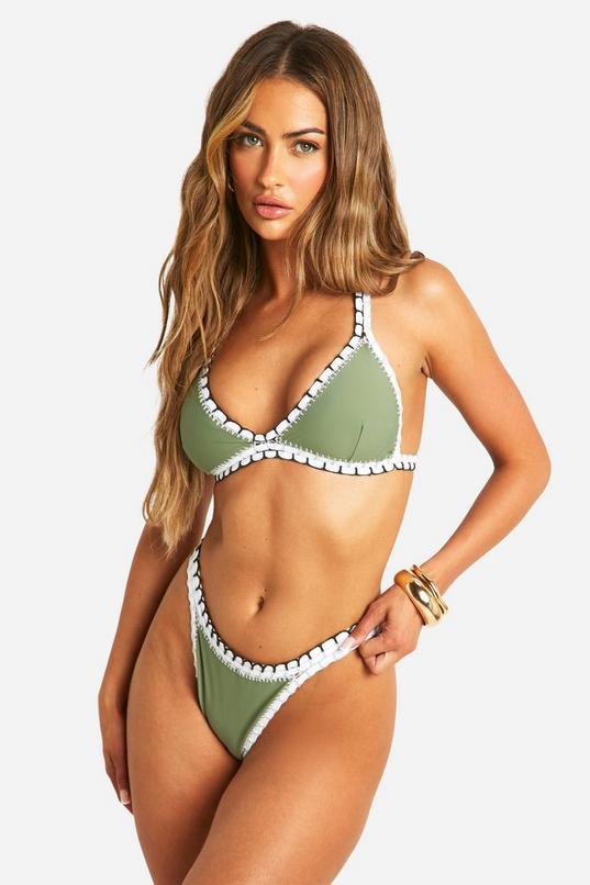 Crochet Contrast Stitch Plunge Bikini Top & High Leg Bikini Bottoms Set by BOOHOO