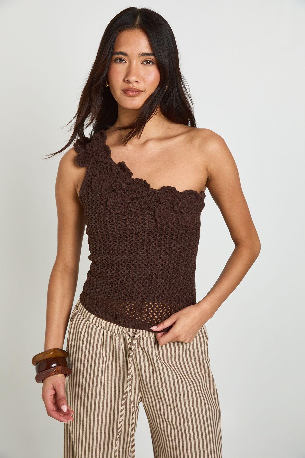 Crochet Floral Corsage One Shoulder Top by BOOHOO