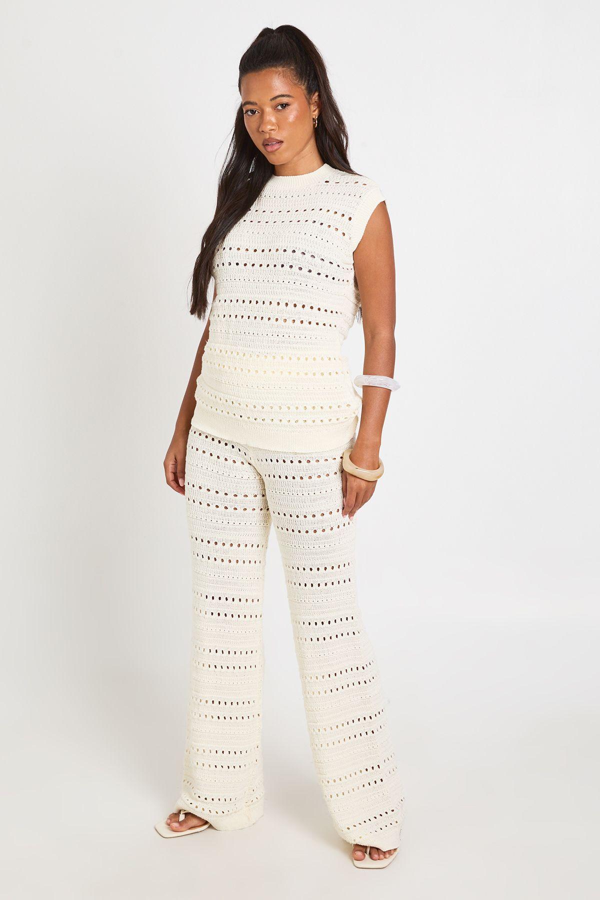 Crochet Knit Longline Top and Trouser Co-Ord by BOOHOO