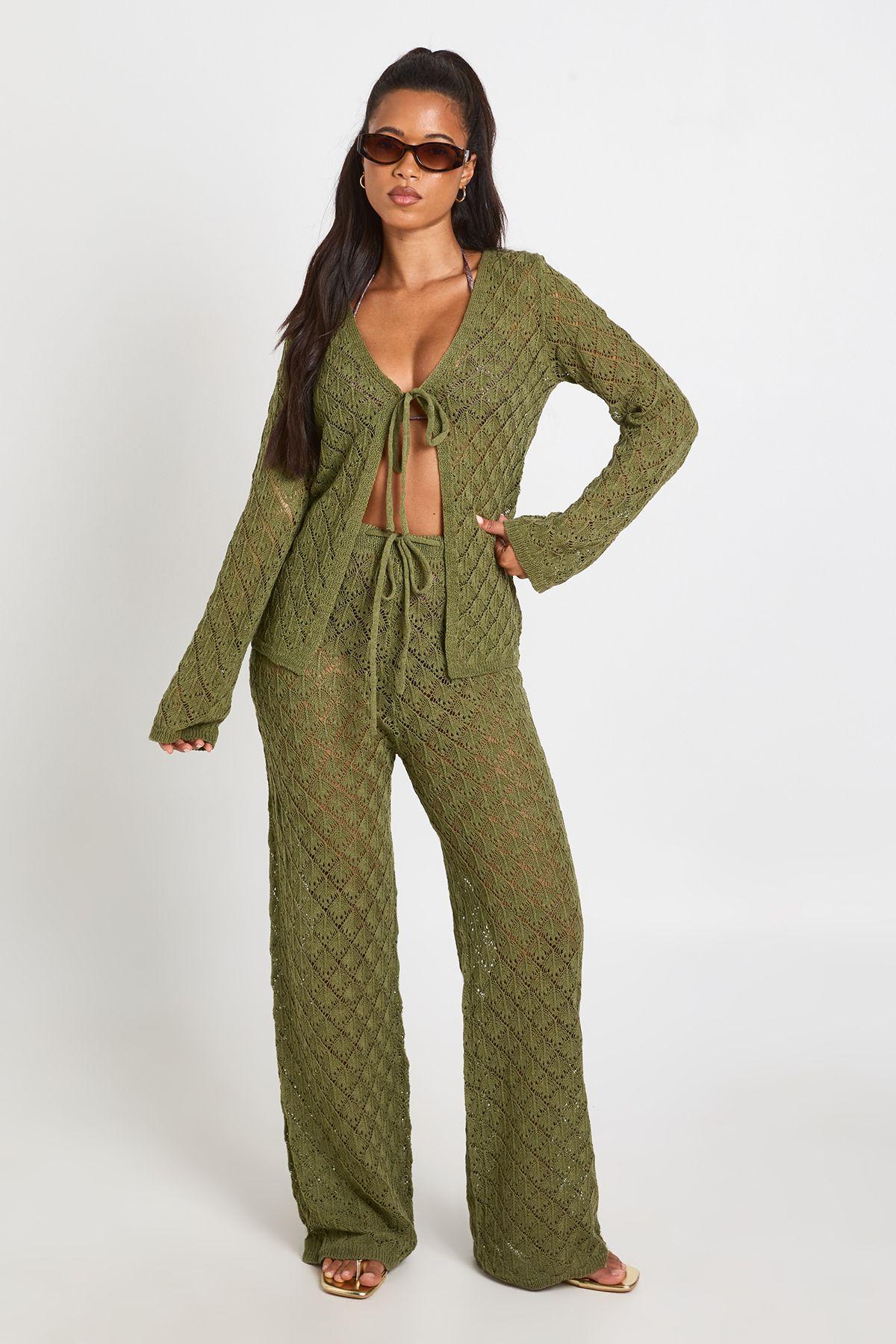 Crochet Knit  Tie Front Cardigan and Wide Leg Trouser Co-Ord by BOOHOO