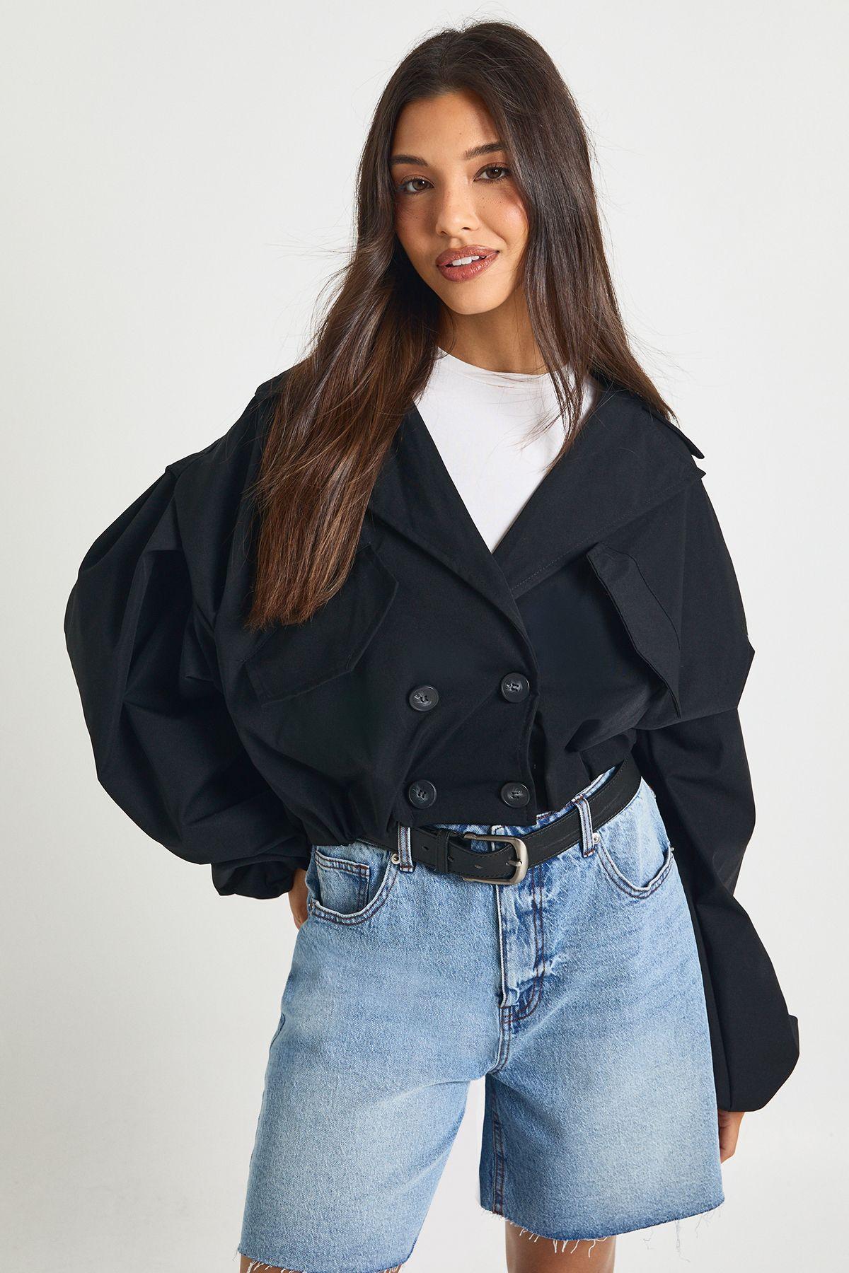 Cropped Puff Sleeve Boxy Trench Jacket by BOOHOO
