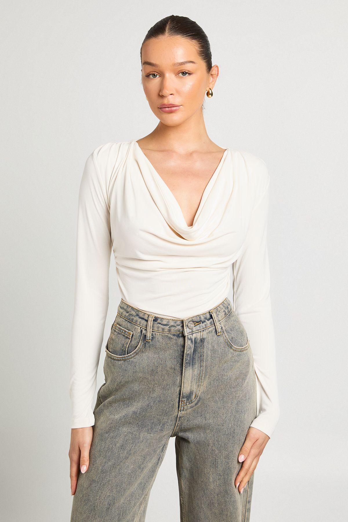 Cupro Cowl Neck Long Sleeve Crop Top by BOOHOO